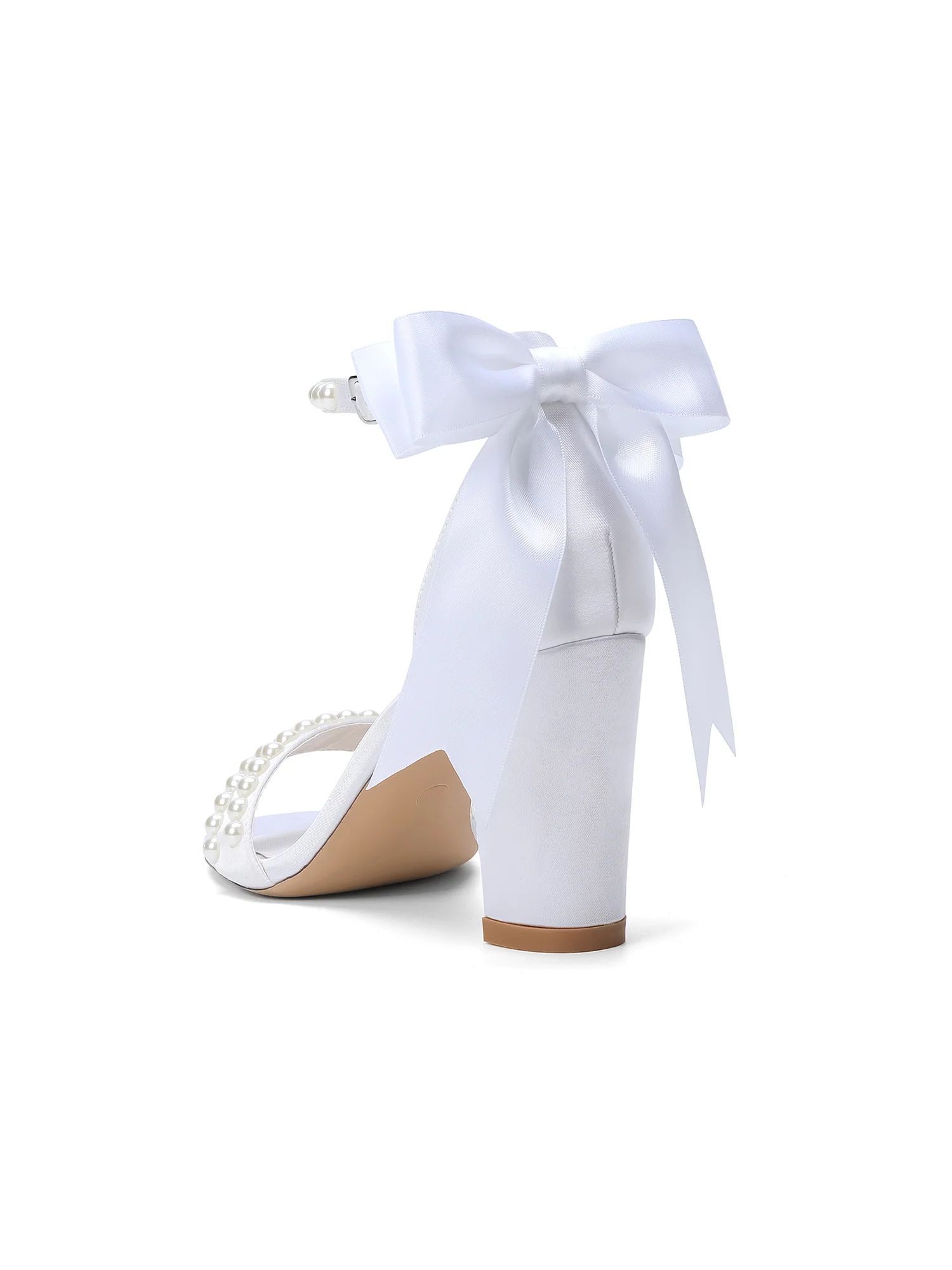 Pearl and Tulle Bow Satin Block Heel Sandals - Image 10