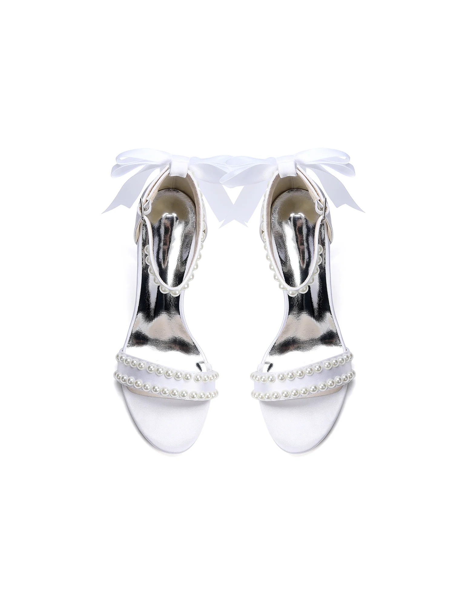 Pearl and Tulle Bow Satin Block Heel Sandals - Image 11