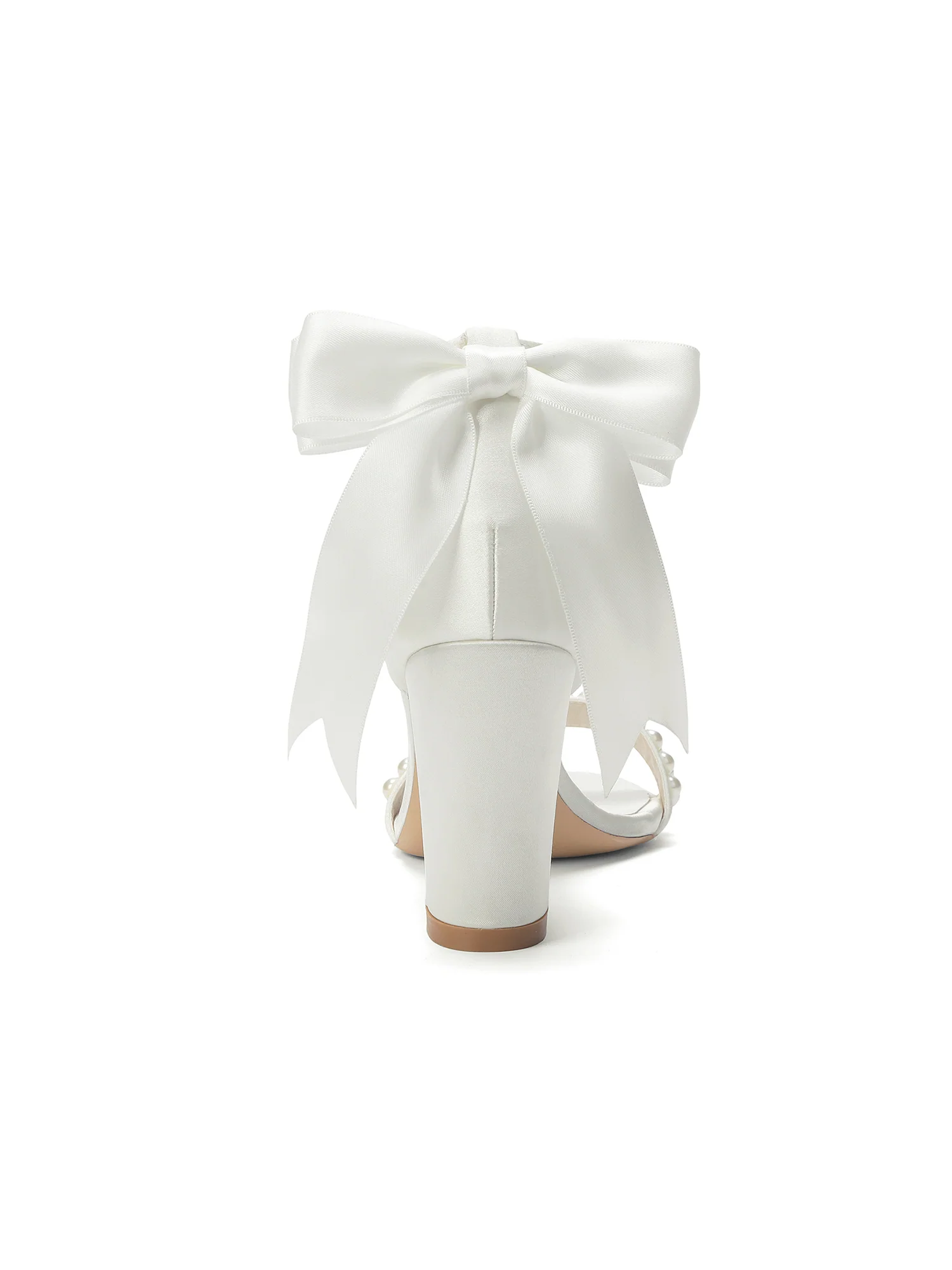 Pearl and Tulle Bow Satin Block Heel Sandals - Image 3