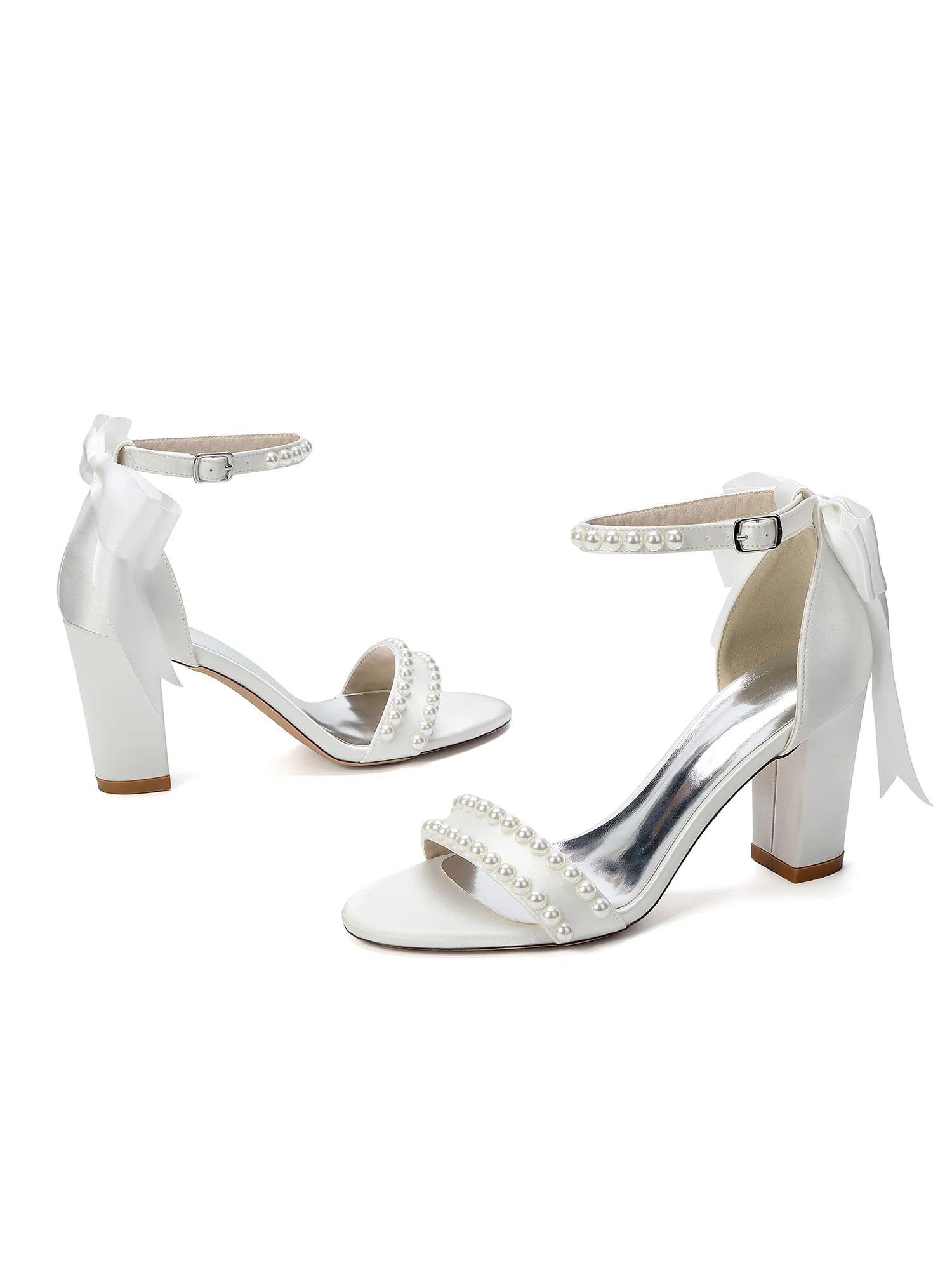 Pearl and Tulle Bow Satin Block Heel Sandals - Image 5