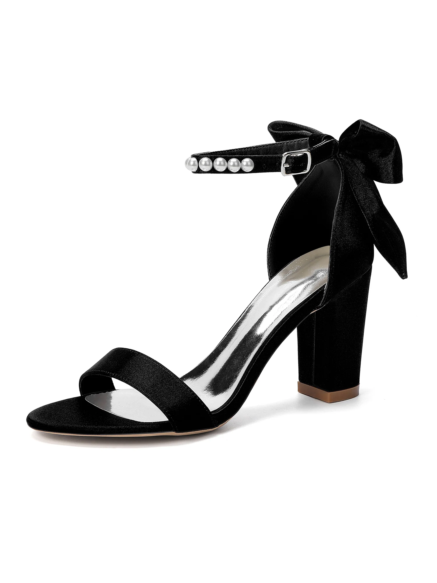 Pearl Ankle Strap Satin Block Heel Sandals with Bow - Image 16