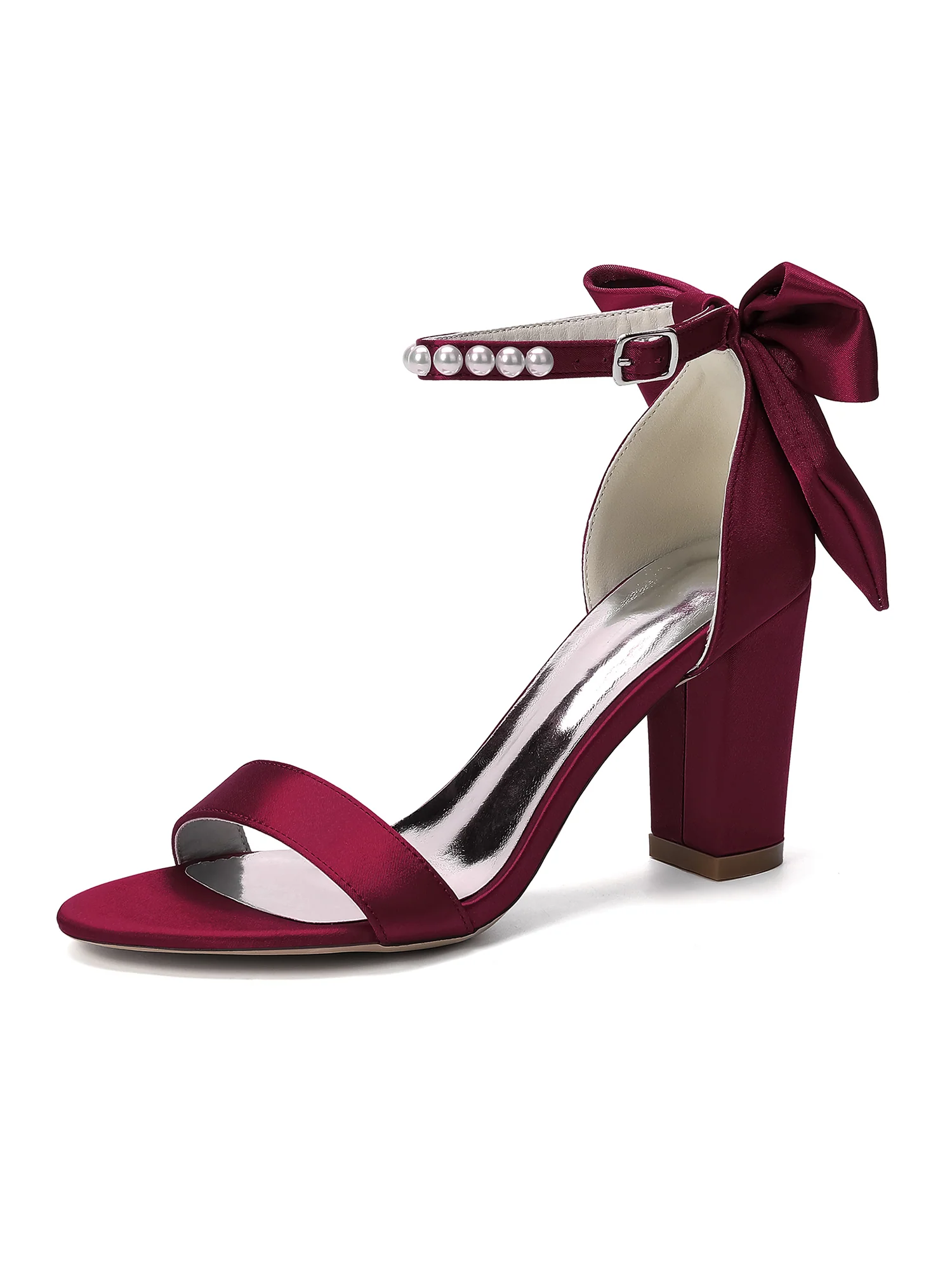 Pearl Ankle Strap Satin Block Heel Sandals with Bow - Image 17