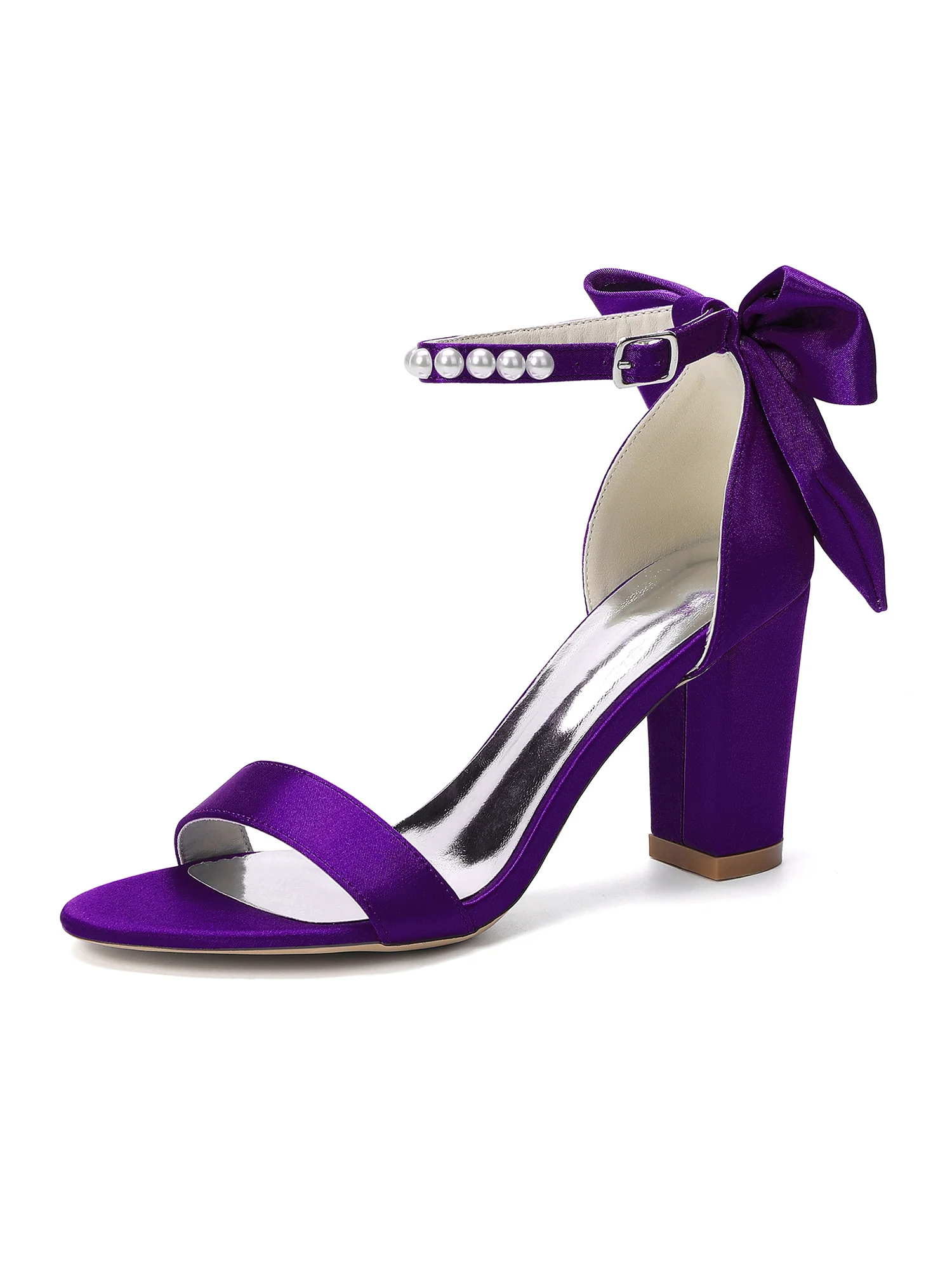 Pearl Ankle Strap Satin Block Heel Sandals with Bow - Image 4
