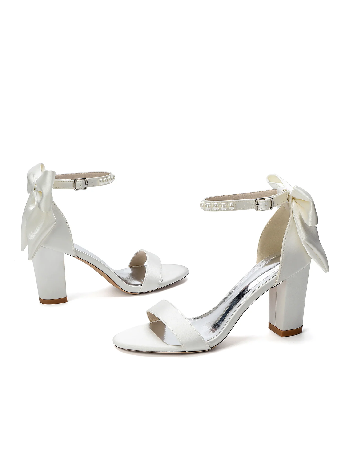 Pearl Ankle Strap Satin Block Heel Sandals with Bow - Image 9