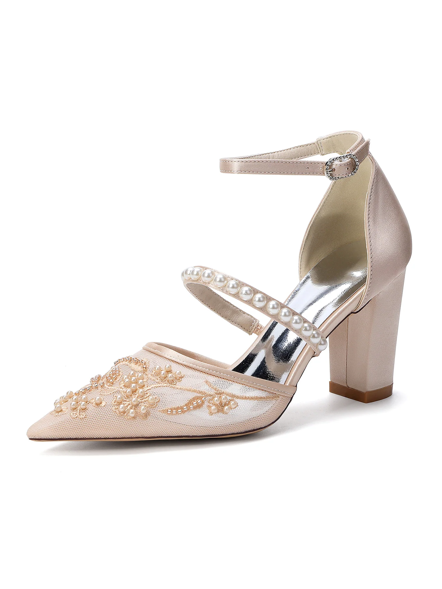 Pointed Toe Pearl Embroidery Block Heel Sandals