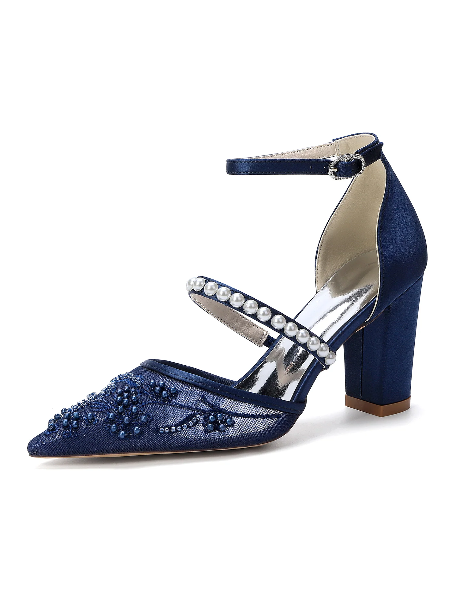 Pointed Toe Pearl Embroidery Block Heel Sandals - Image 2