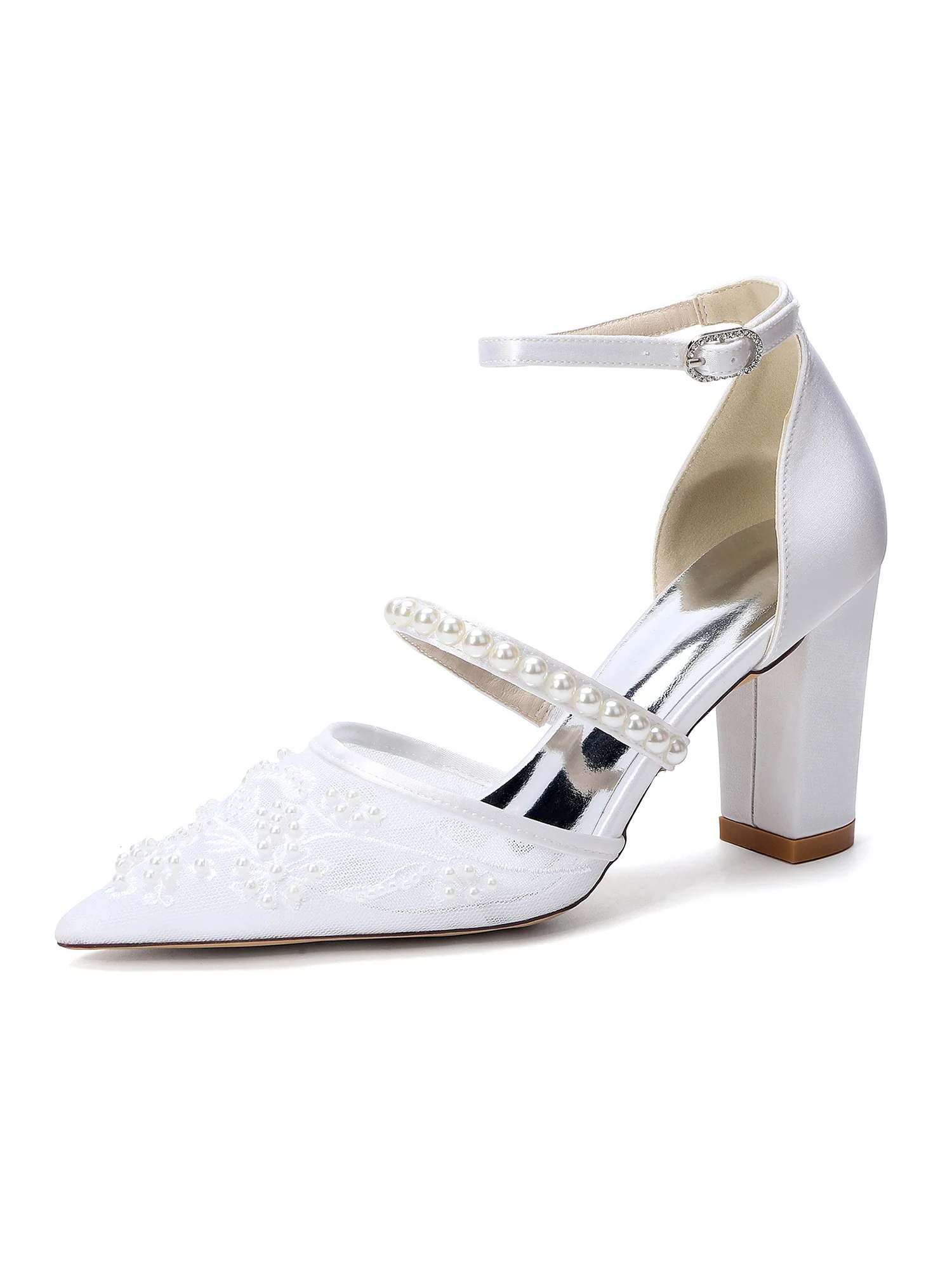 Pointed Toe Pearl Embroidery Block Heel Sandals - Image 7
