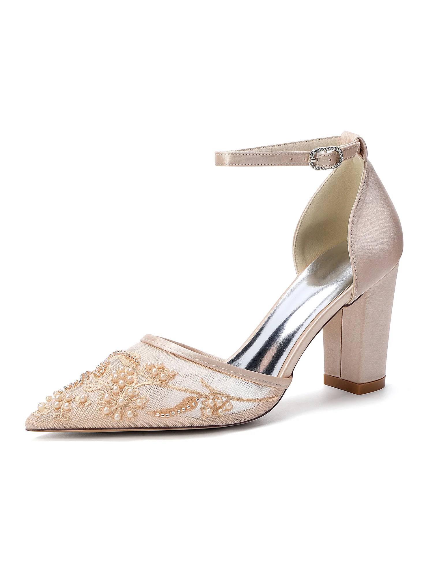 Pointed Toe Pearl Embroidery Block Heel Pumps