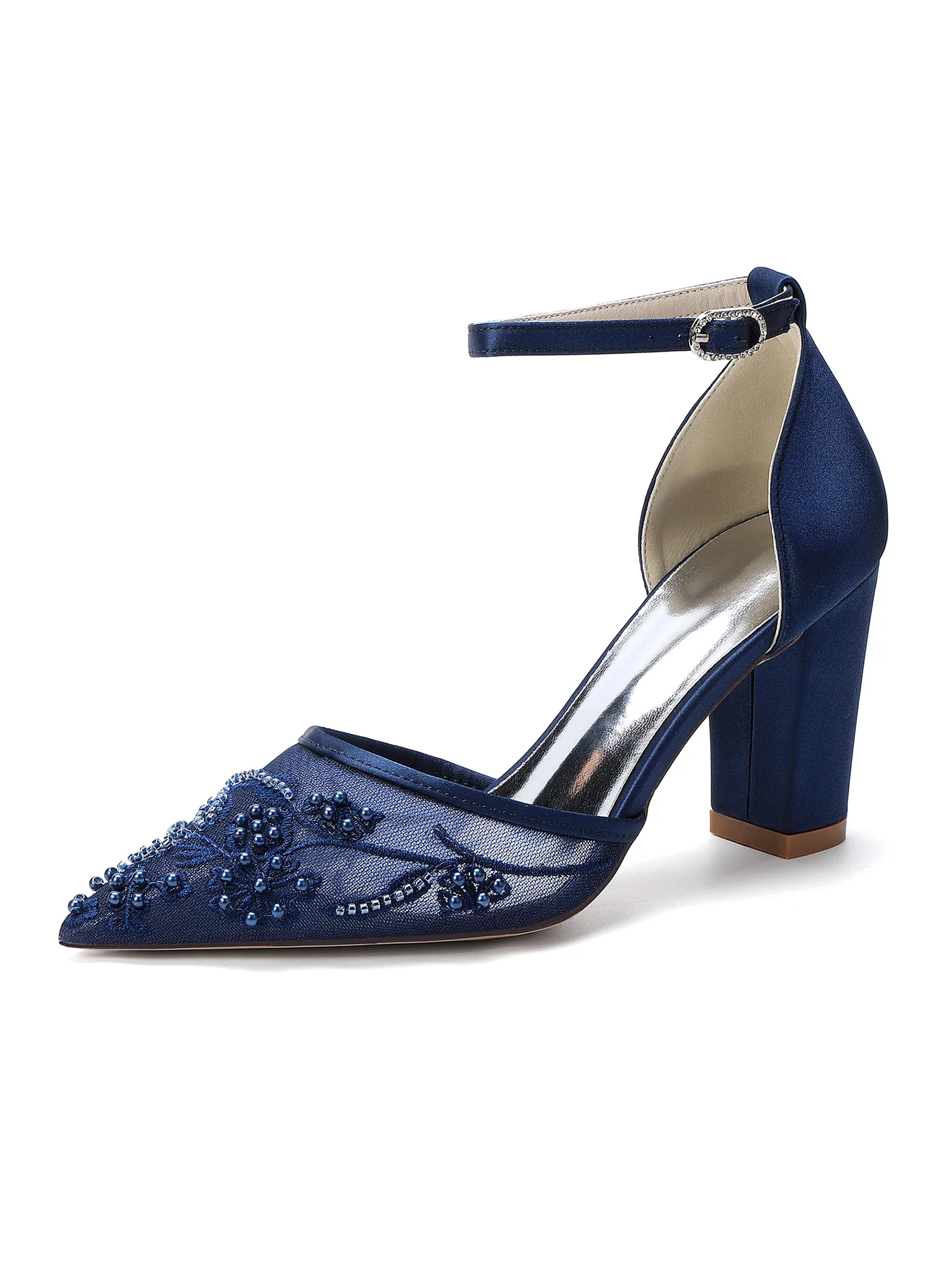 Pointed Toe Pearl Embroidery Block Heel Pumps - Image 3