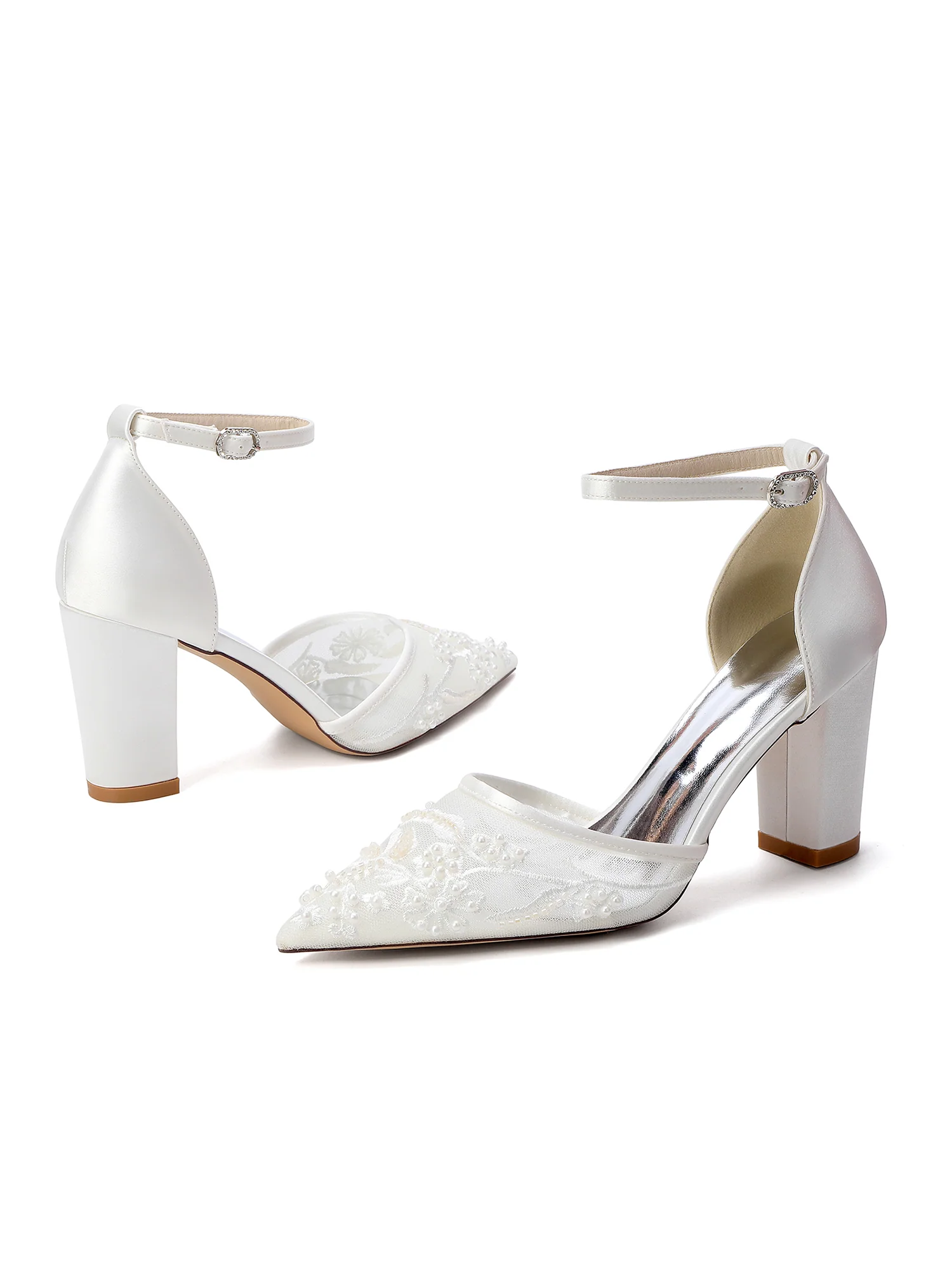 Pointed Toe Pearl Embroidery Block Heel Pumps - Image 8