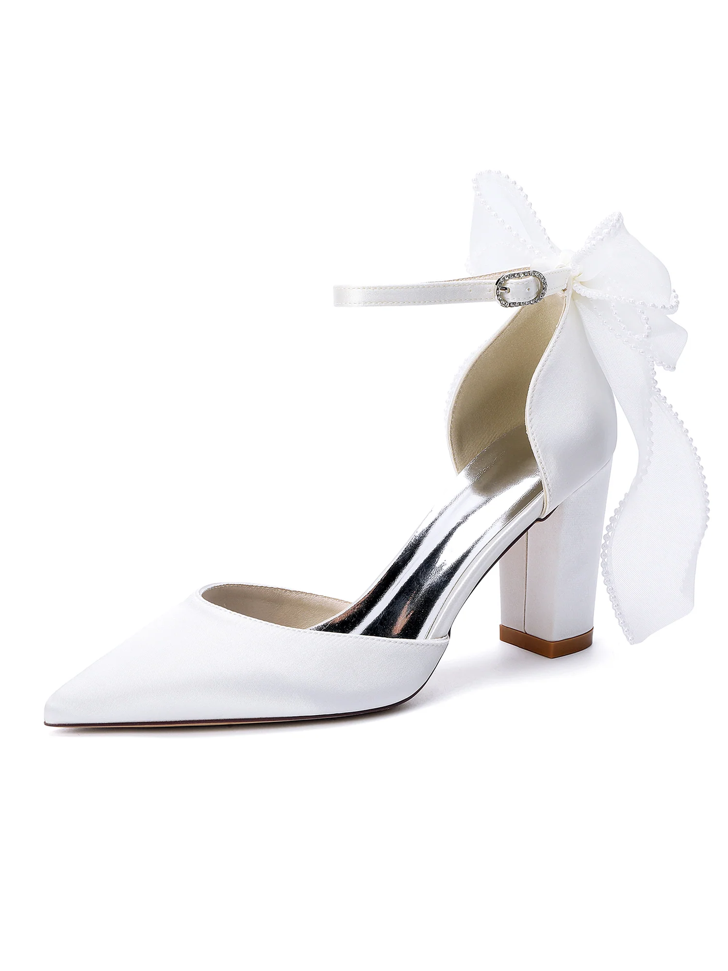 Pointed Toe Ankle Strap Pumps with Mesh Bow - Image 13