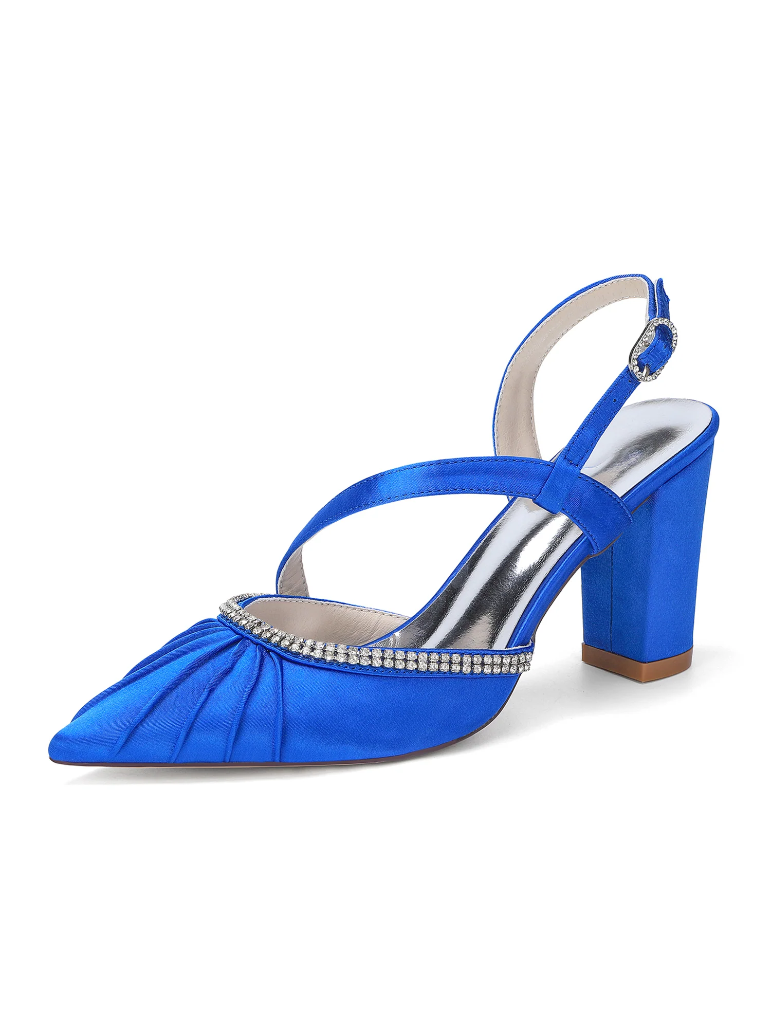 Pleated Satin Block Heel Pumps with Rhinestones - Image 15