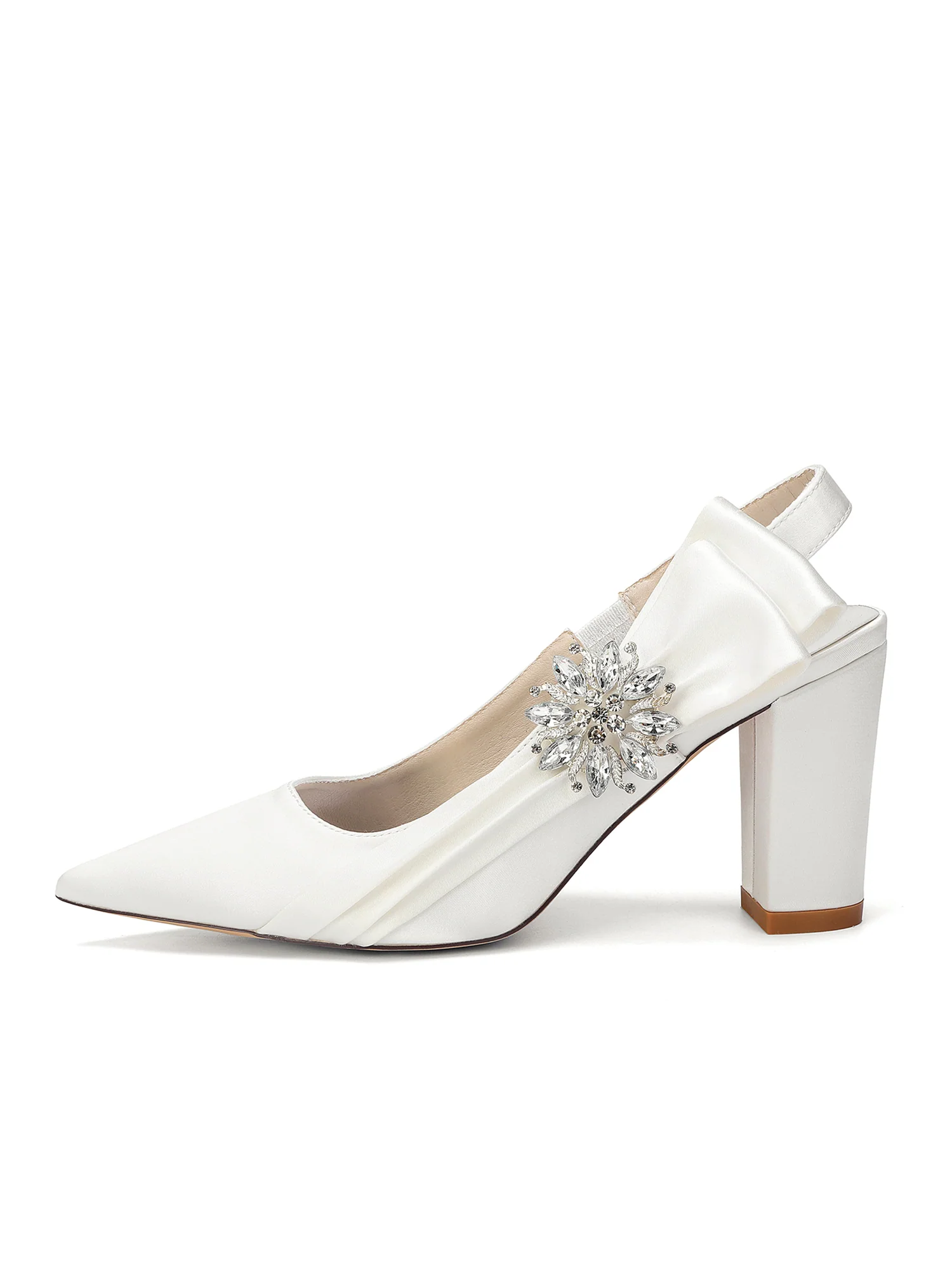 Rhinestone Flower Satin Block Heel Pumps - Image 10