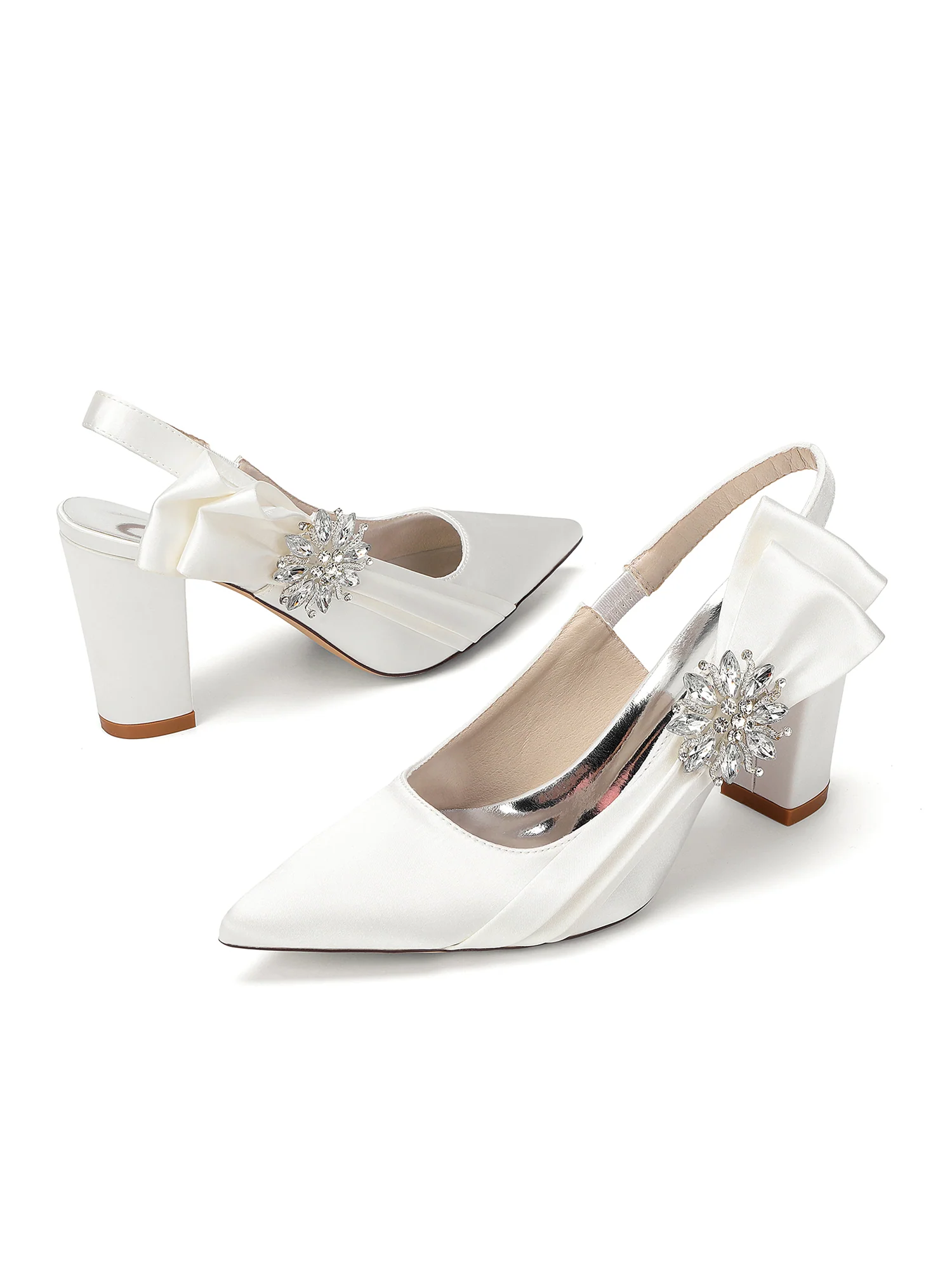 Rhinestone Flower Satin Block Heel Pumps - Image 13