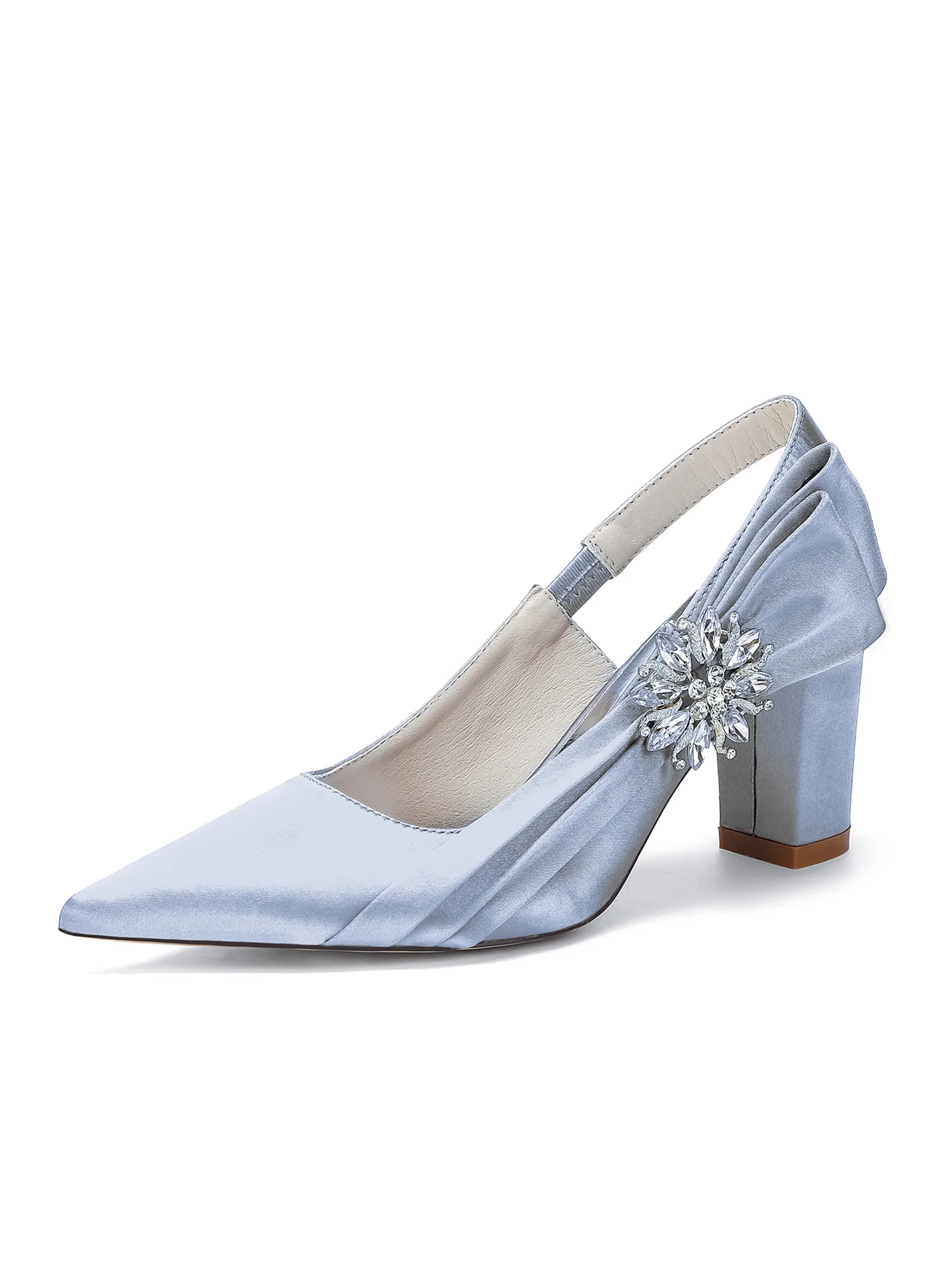 Rhinestone Flower Satin Block Heel Pumps - Image 16