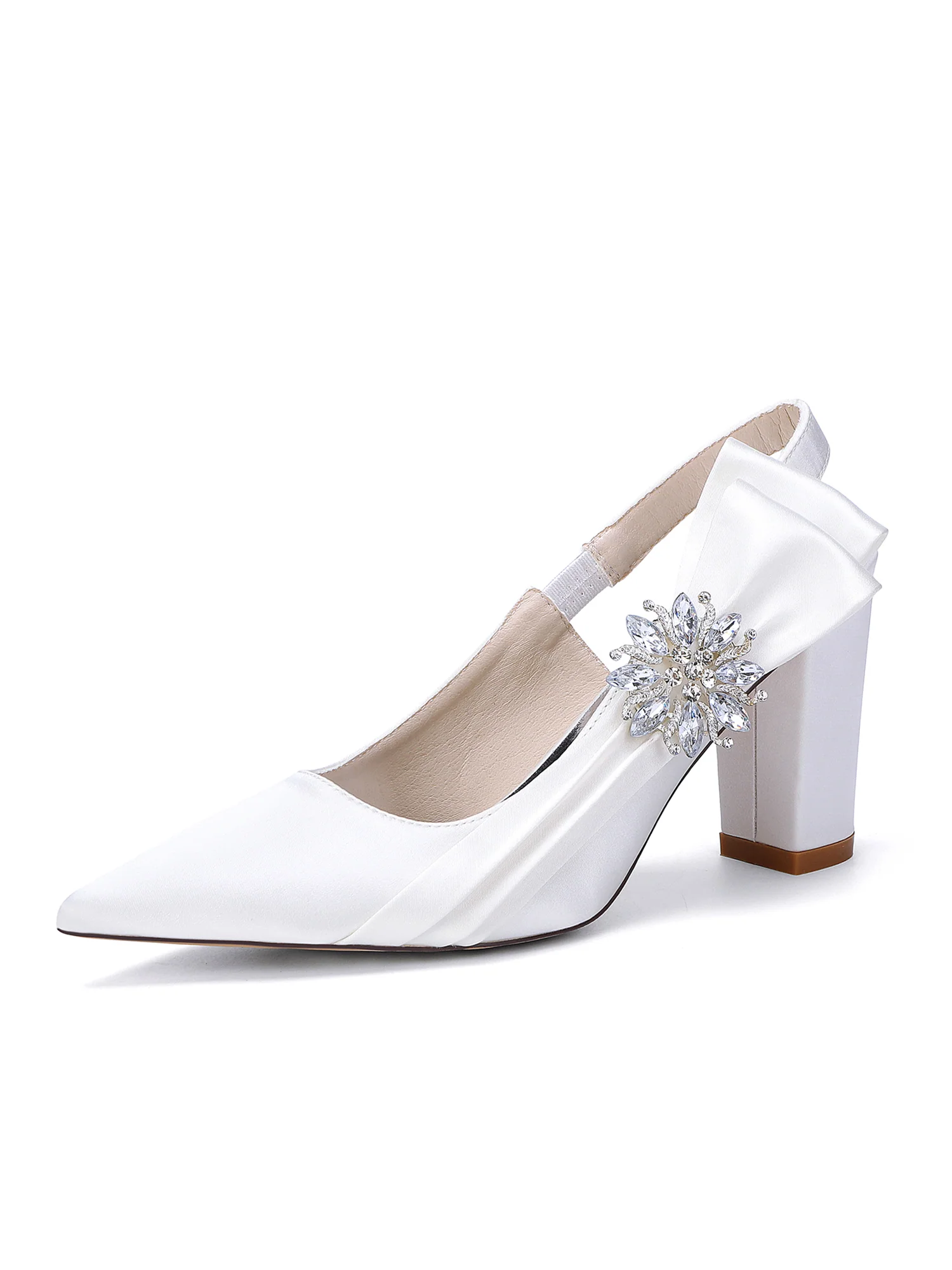 Rhinestone Flower Satin Block Heel Pumps - Image 17