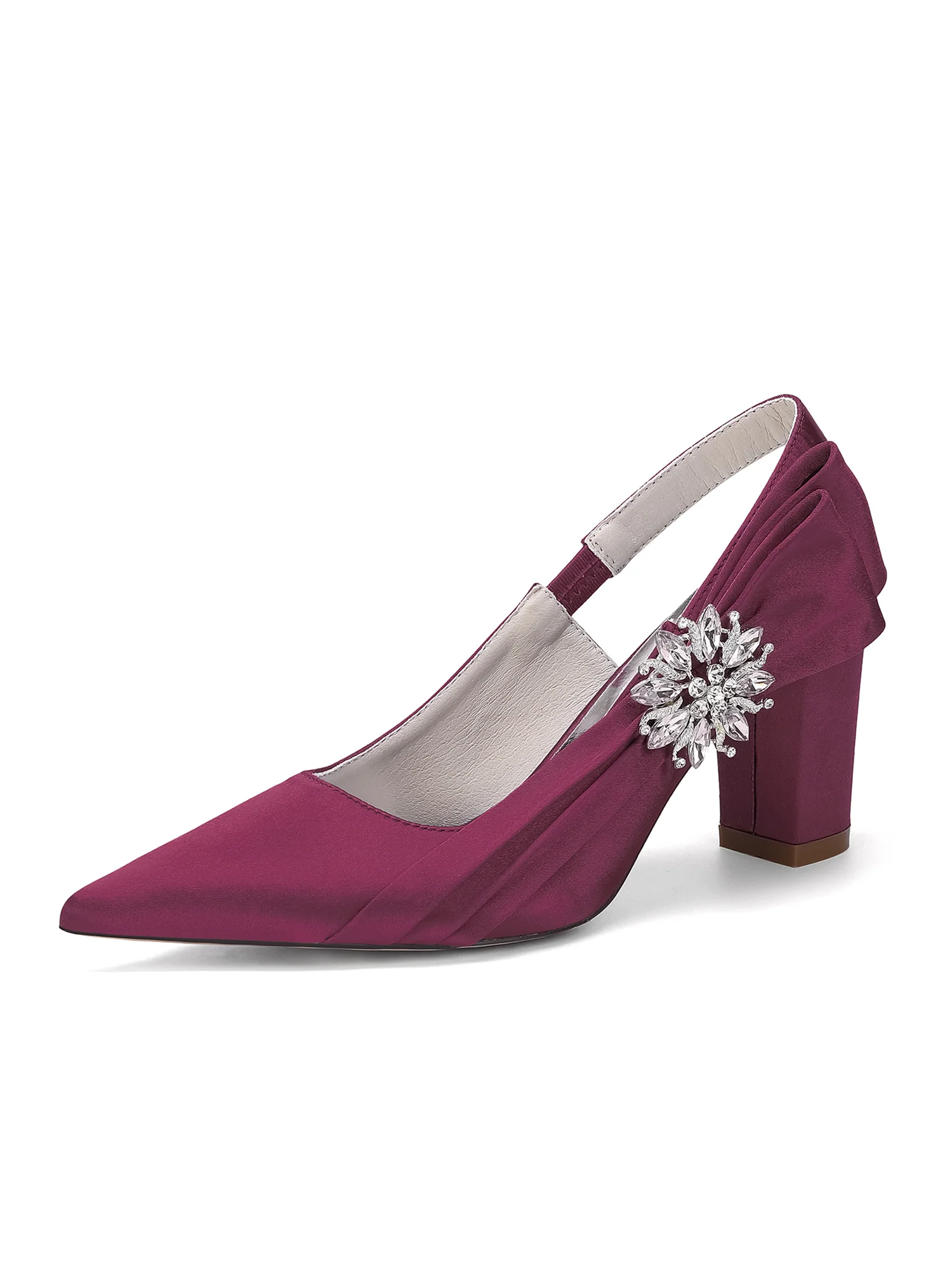 Rhinestone Flower Satin Block Heel Pumps - Image 2