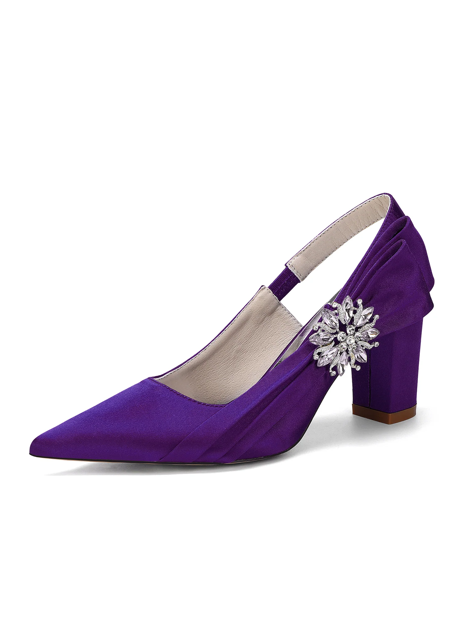 Rhinestone Flower Satin Block Heel Pumps - Image 8