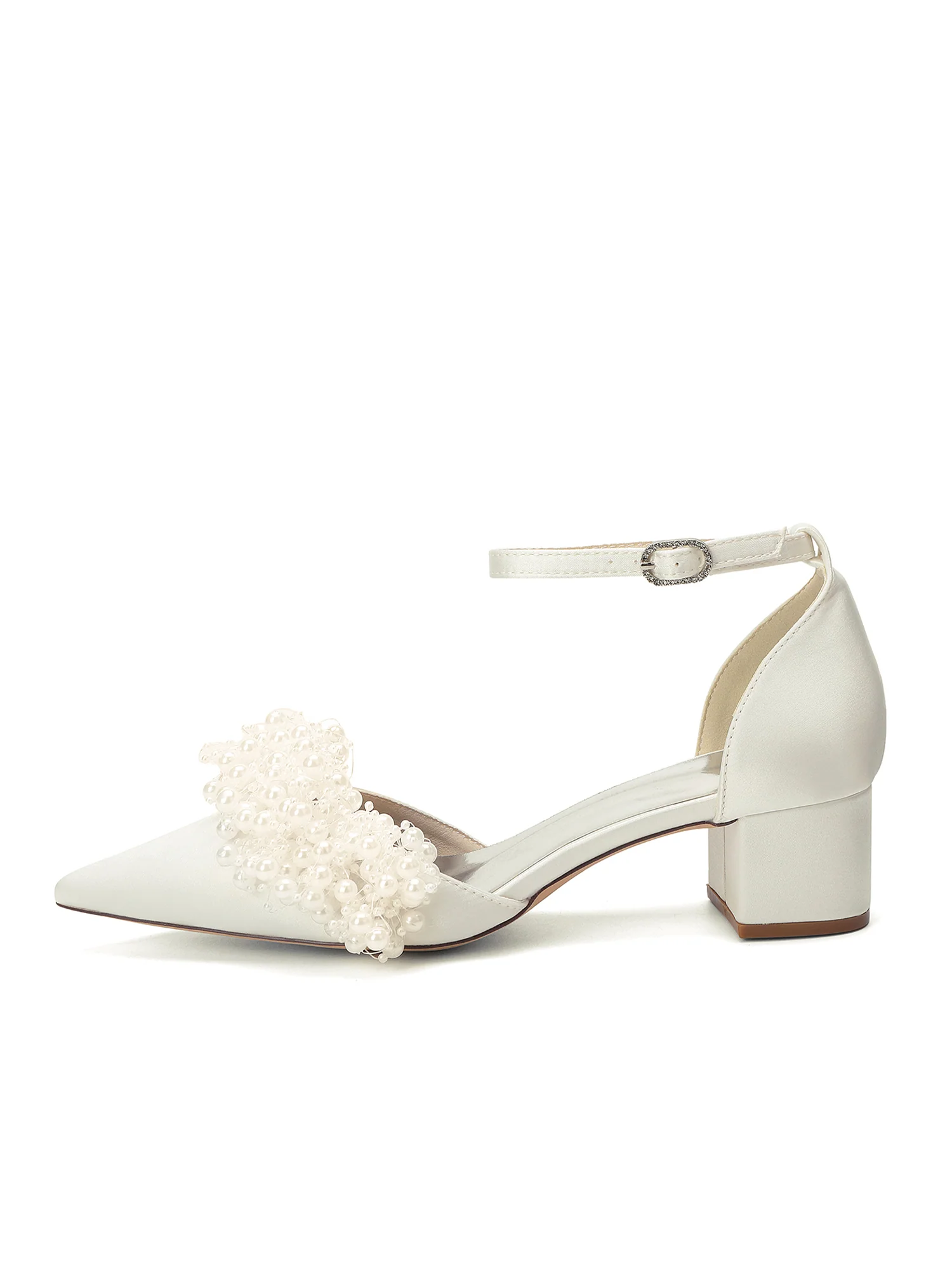 Pointed Toe Satin Block Heels with Cluster Pearl Strap - Image 10