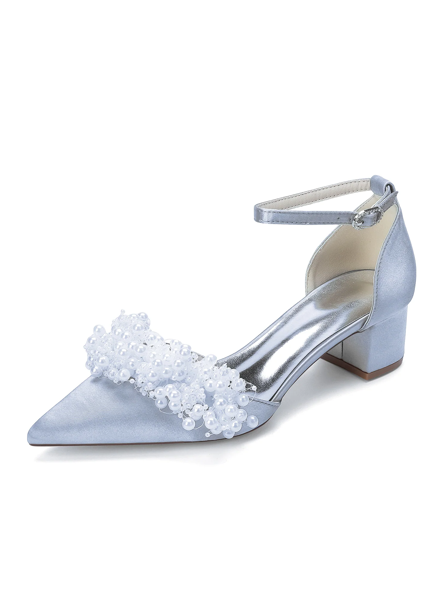 Pointed Toe Satin Block Heels with Cluster Pearl Strap - Image 16