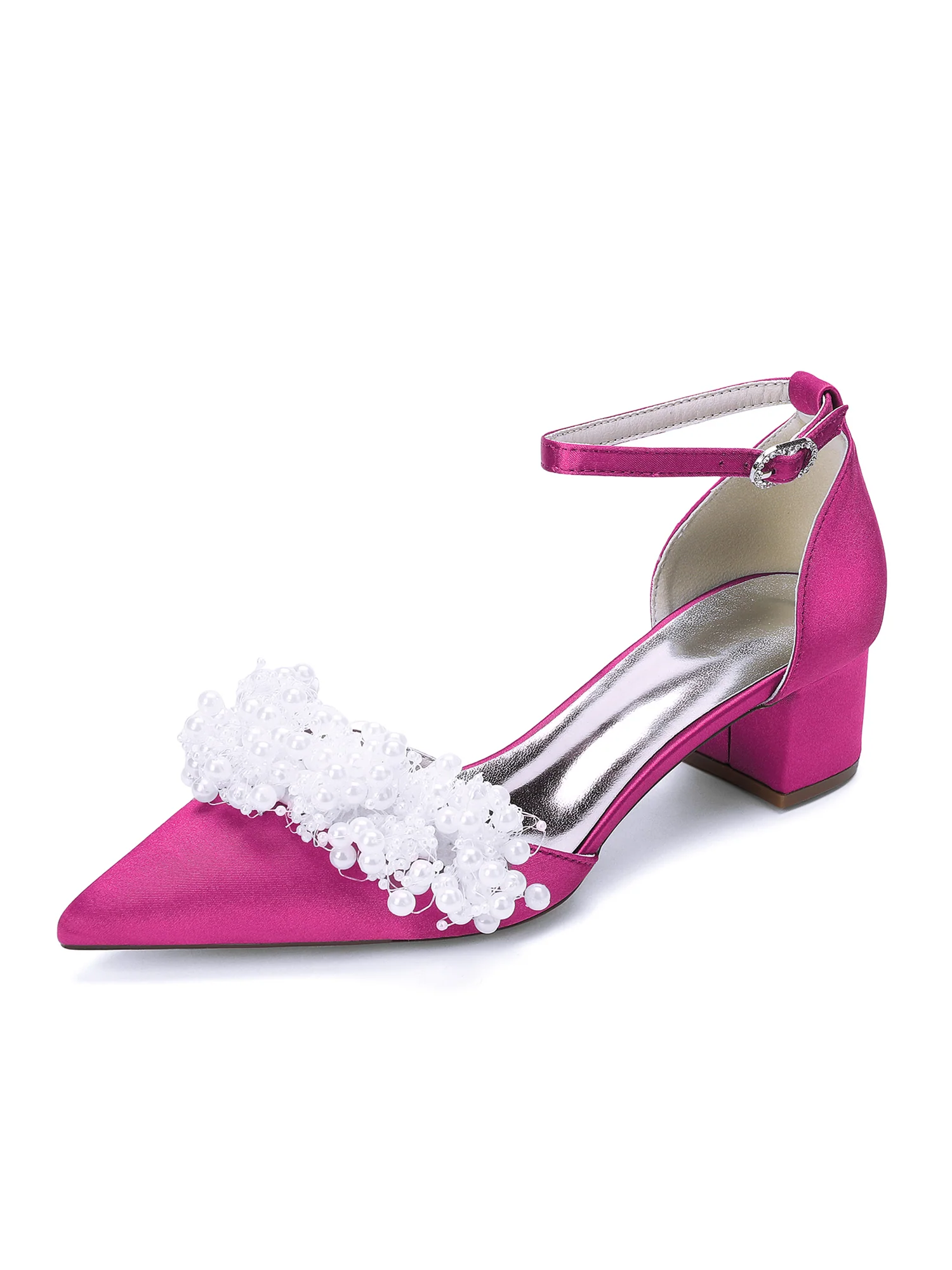 Pointed Toe Satin Block Heels with Cluster Pearl Strap - Image 7