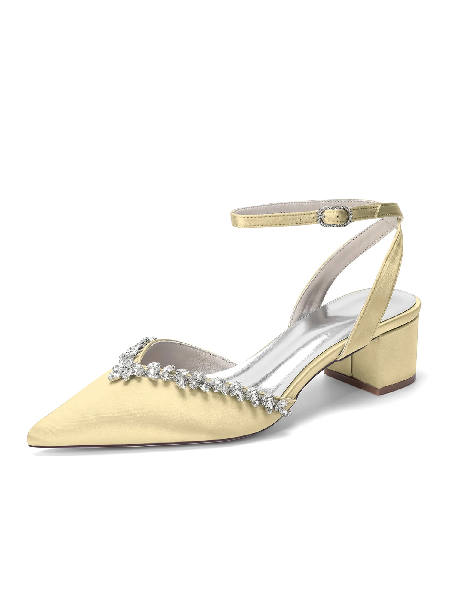 Pointed Toe Satin Block Heels with Rhinestone Trim - Image 4