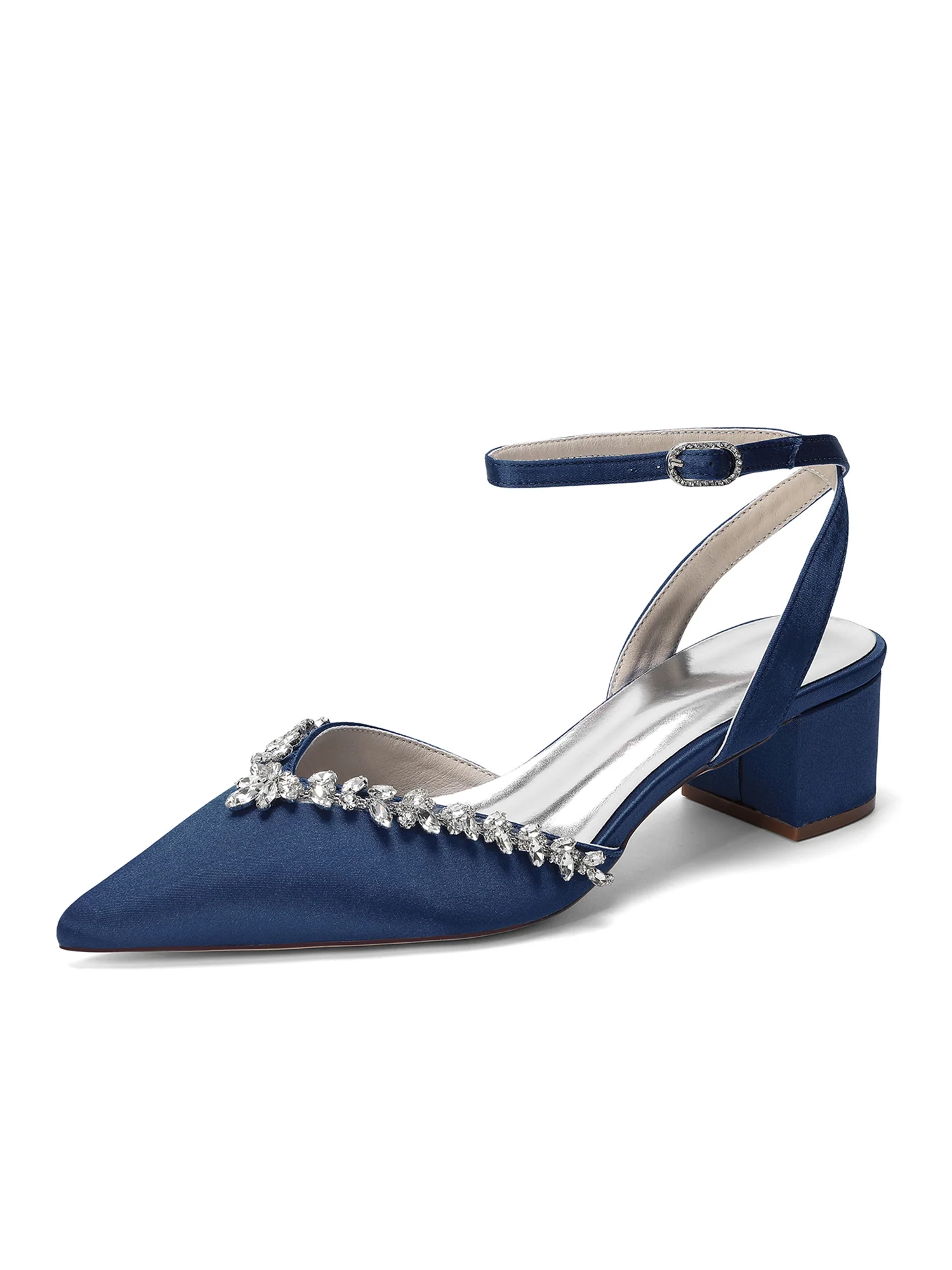 Pointed Toe Satin Block Heels with Rhinestone Trim - Image 5