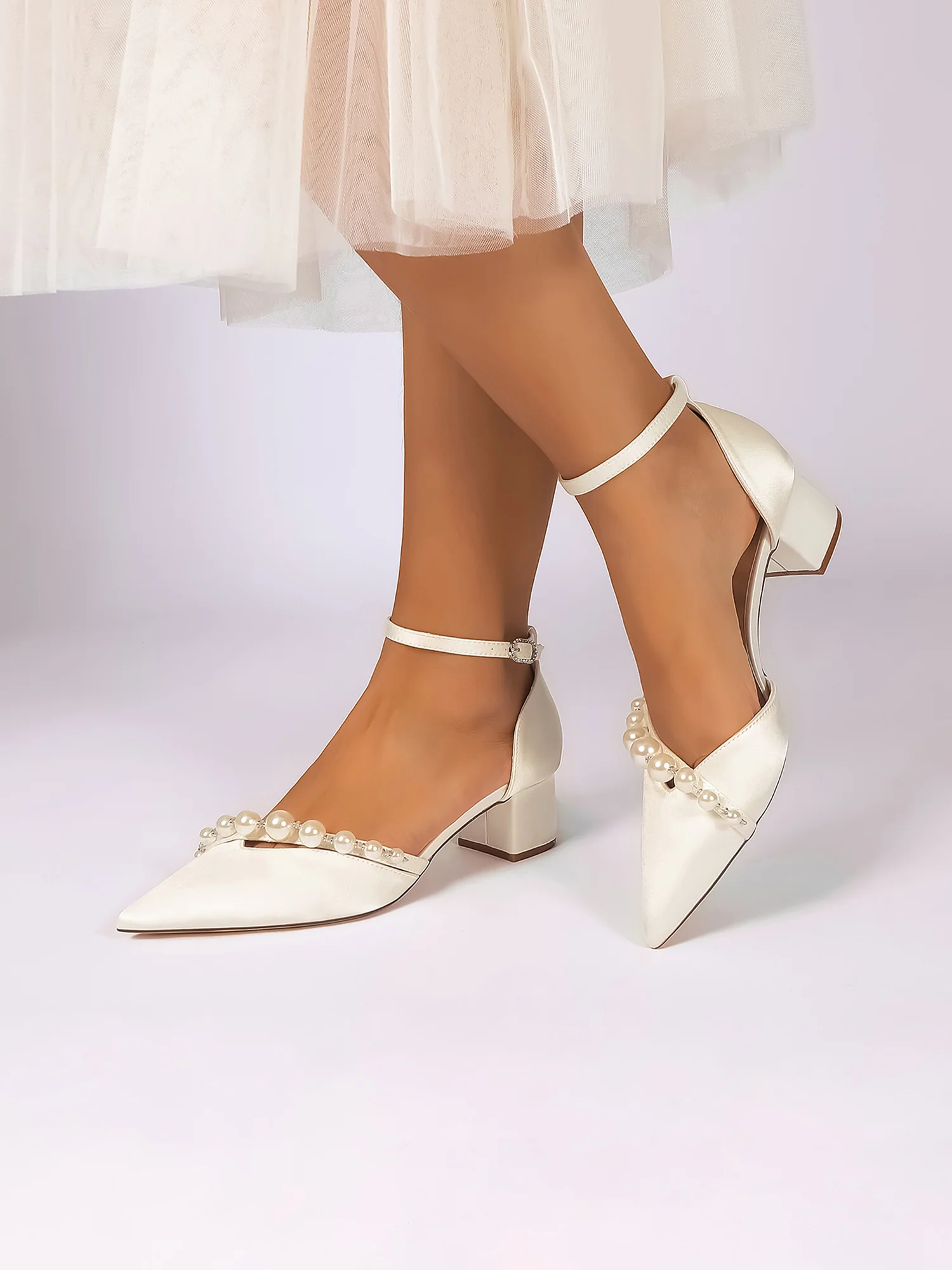 Pointed Toe Satin Block Heels with Pearl Bead Strap - Image 13