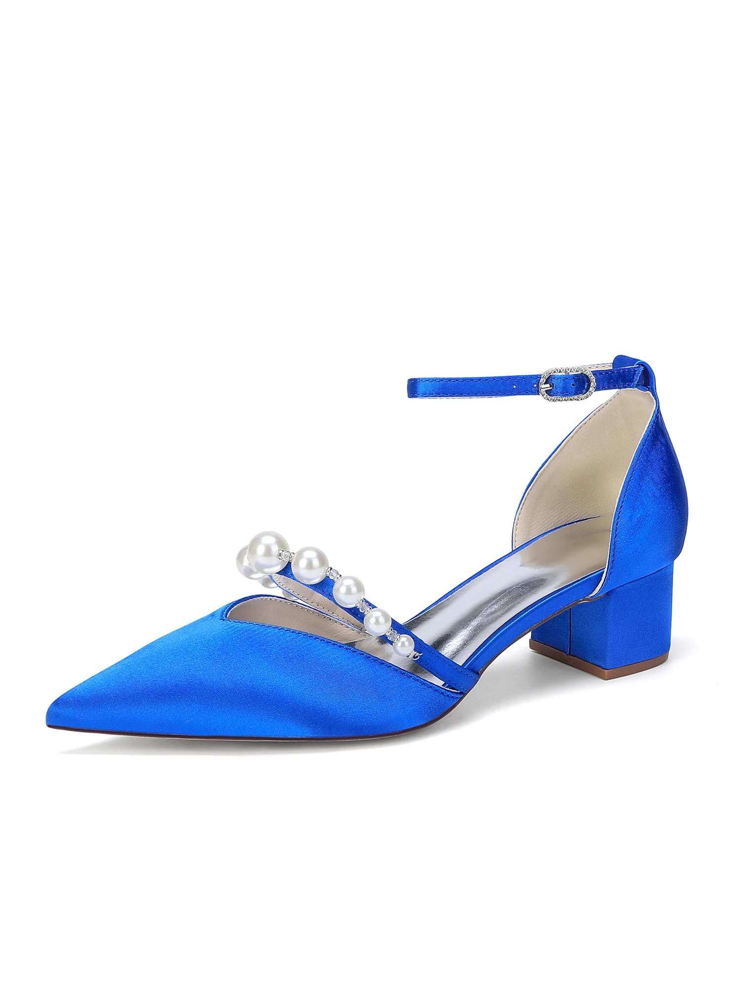 Pointed Toe Satin Block Heels with Arching Pearl Strap - Image 14
