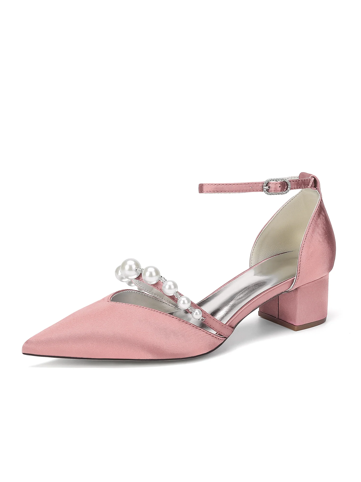 Pointed Toe Satin Block Heels with Arching Pearl Strap - Image 6