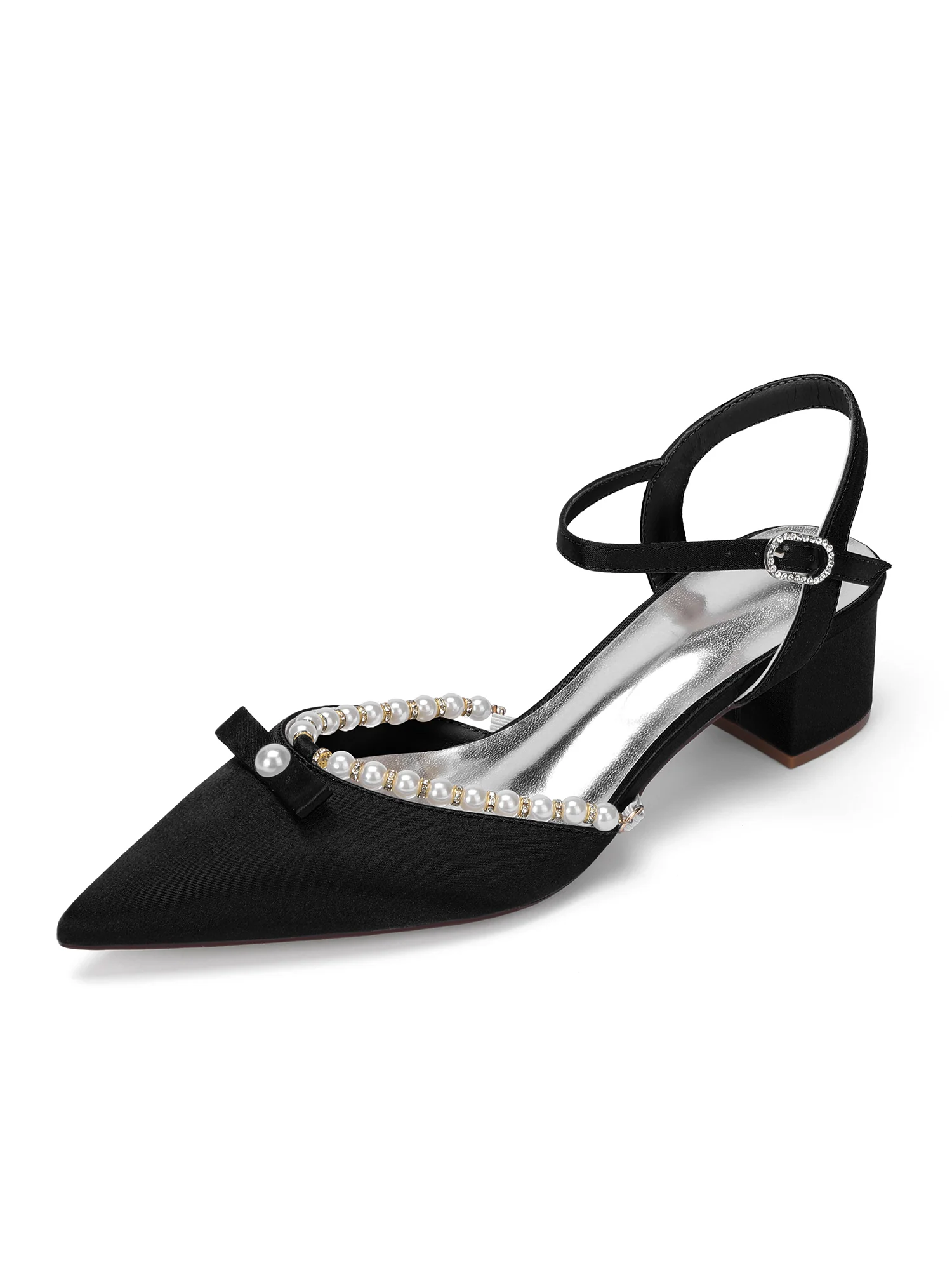Pointed Toe Block Heels with Pearl Trim and Bowknot