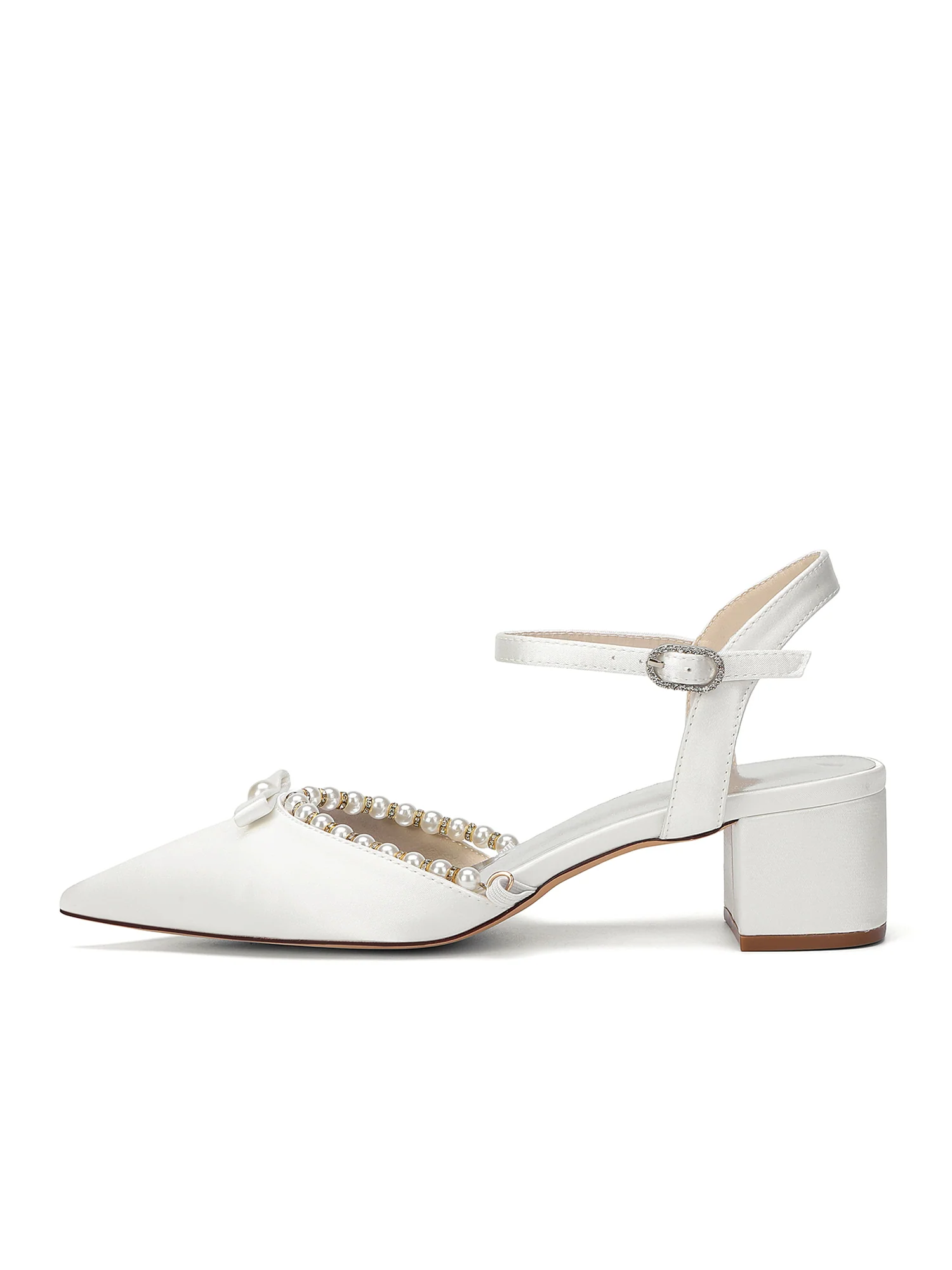 Pointed Toe Block Heels with Pearl Trim and Bowknot - Image 10