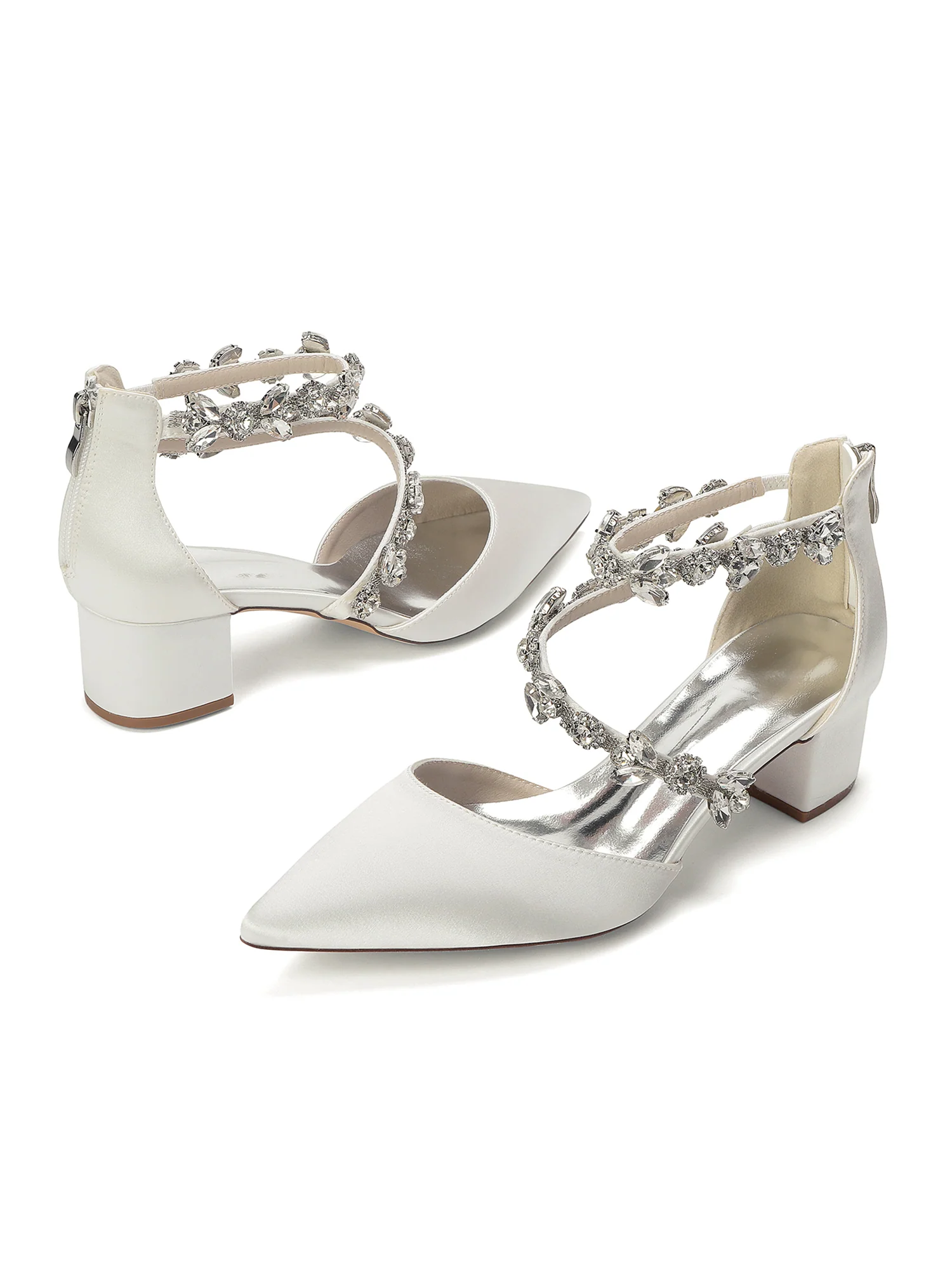 Pointed Toe Block Heels with Double Crystal Straps - Image 13