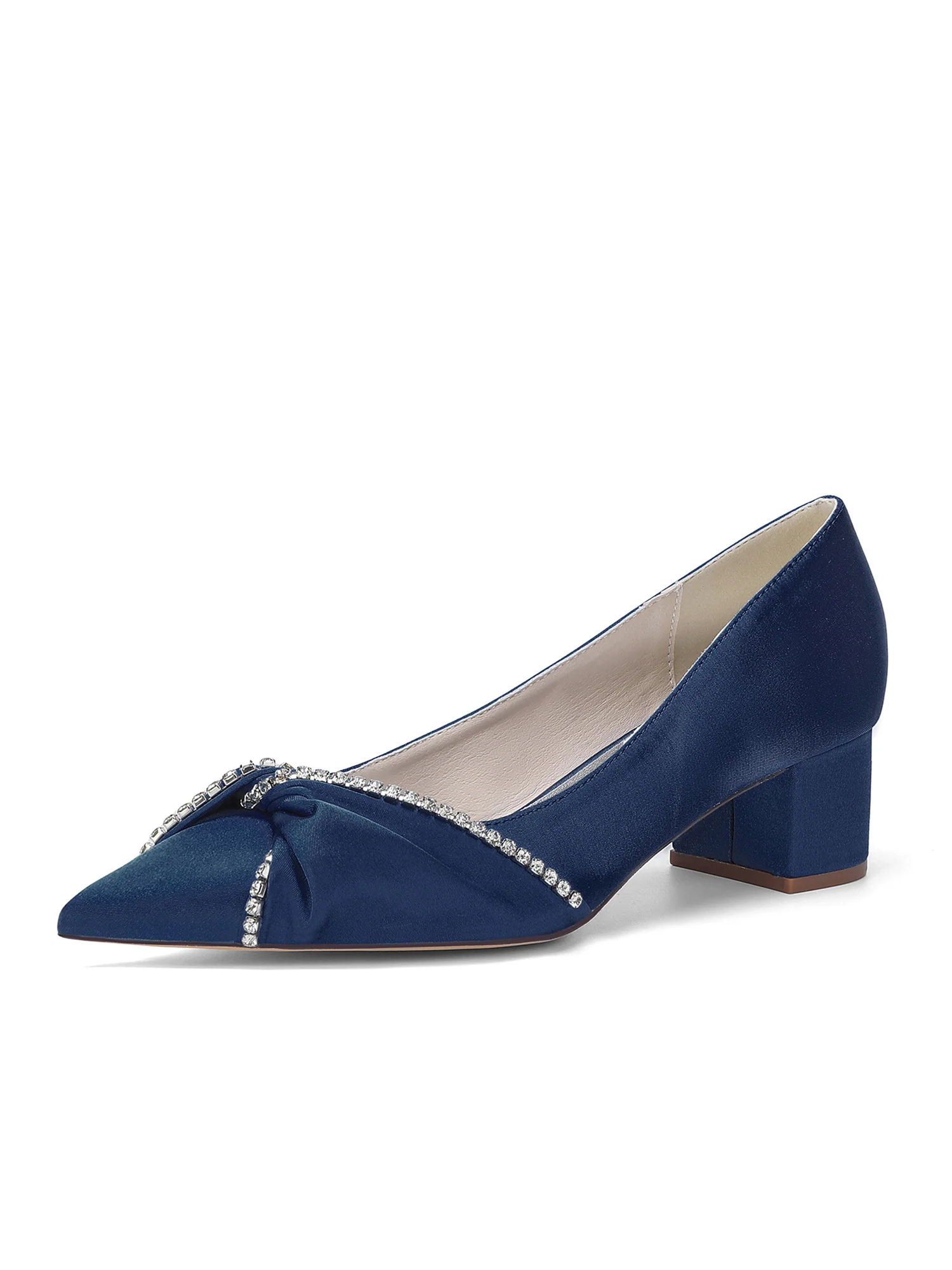 Pointed Toe Satin Block Heels with Rhinestone Trim - Image 5
