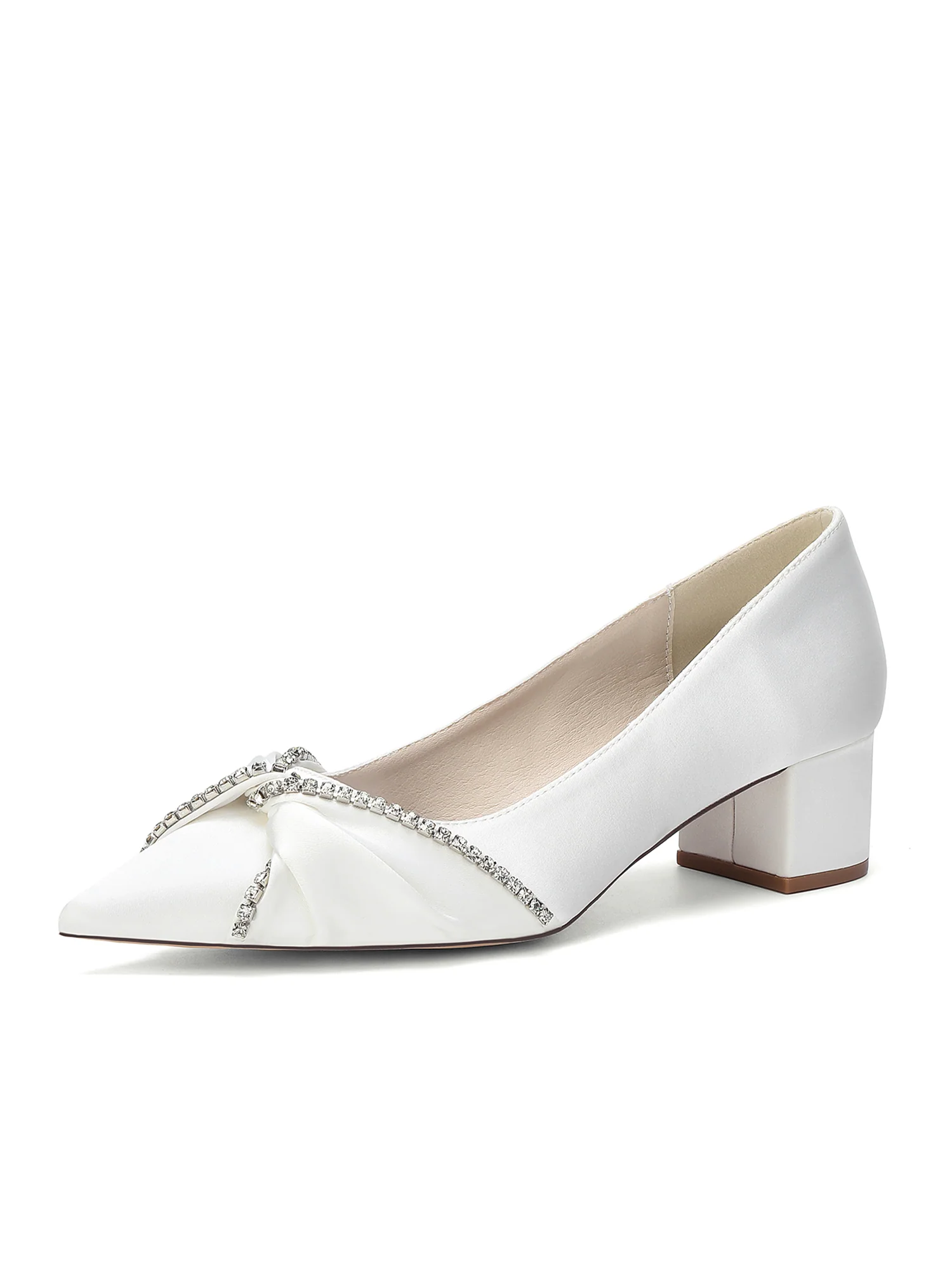 Pointed Toe Satin Block Heels with Rhinestone Trim - Image 9