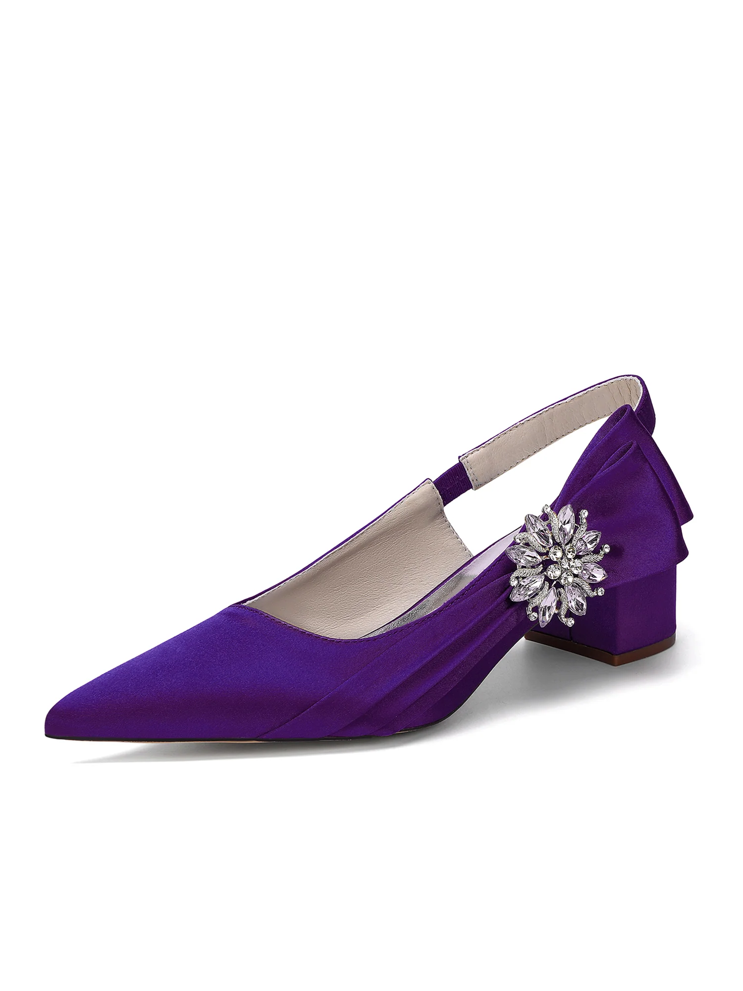 Satin Pointed Toe Slingback Pumps with Crystal Brooch - Image 8