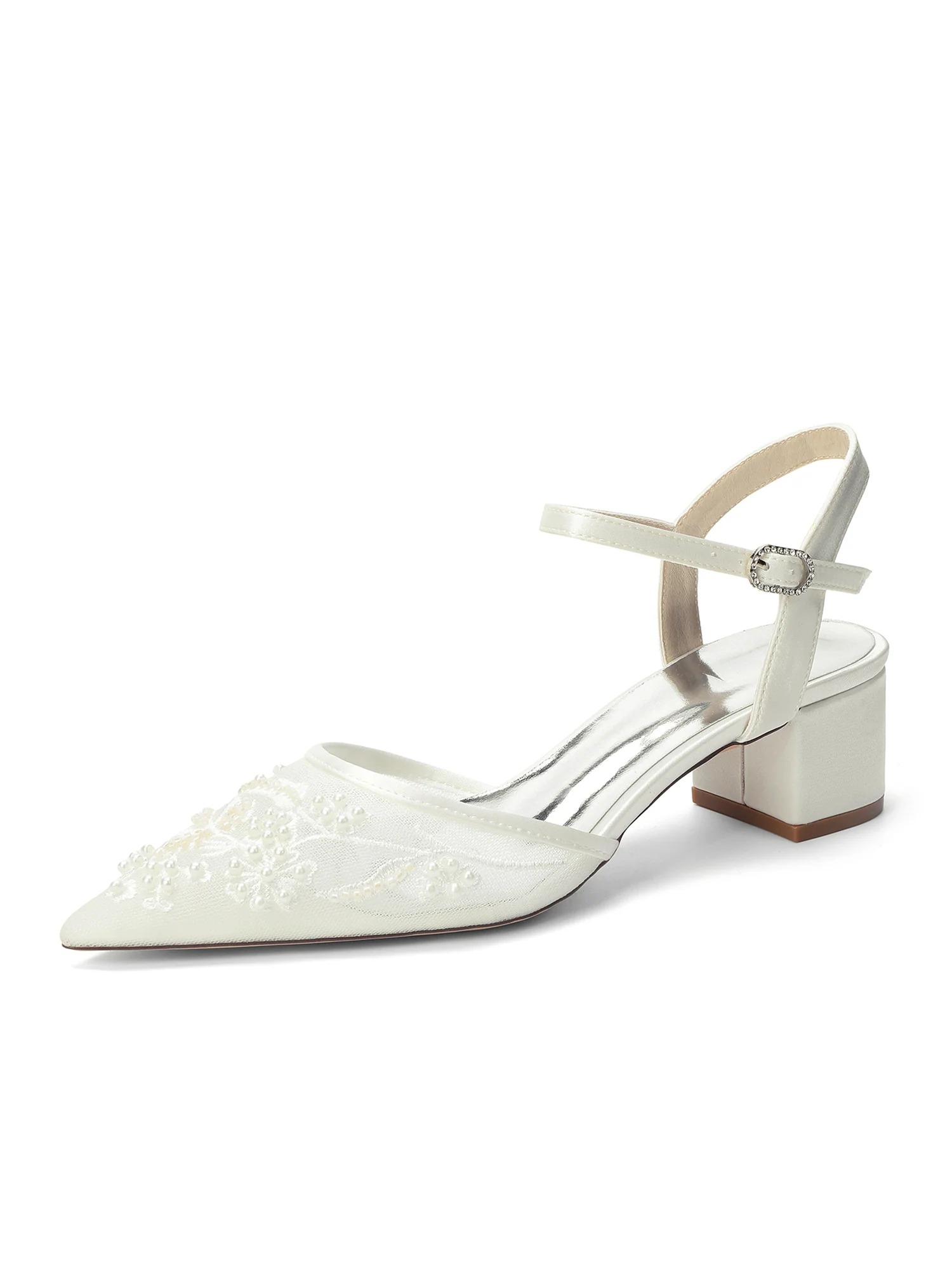 Pointed Toe Lace Mesh & Satin Block Heel Sandals - Image 4