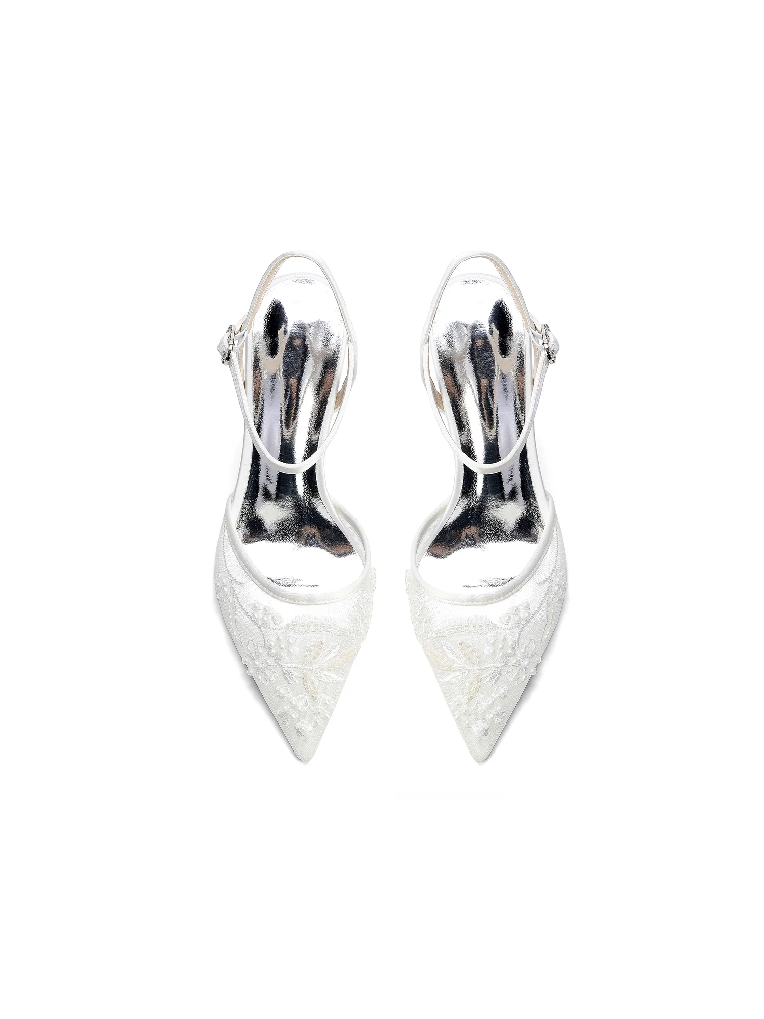 Pointed Toe Lace Mesh & Satin Block Heel Sandals - Image 7