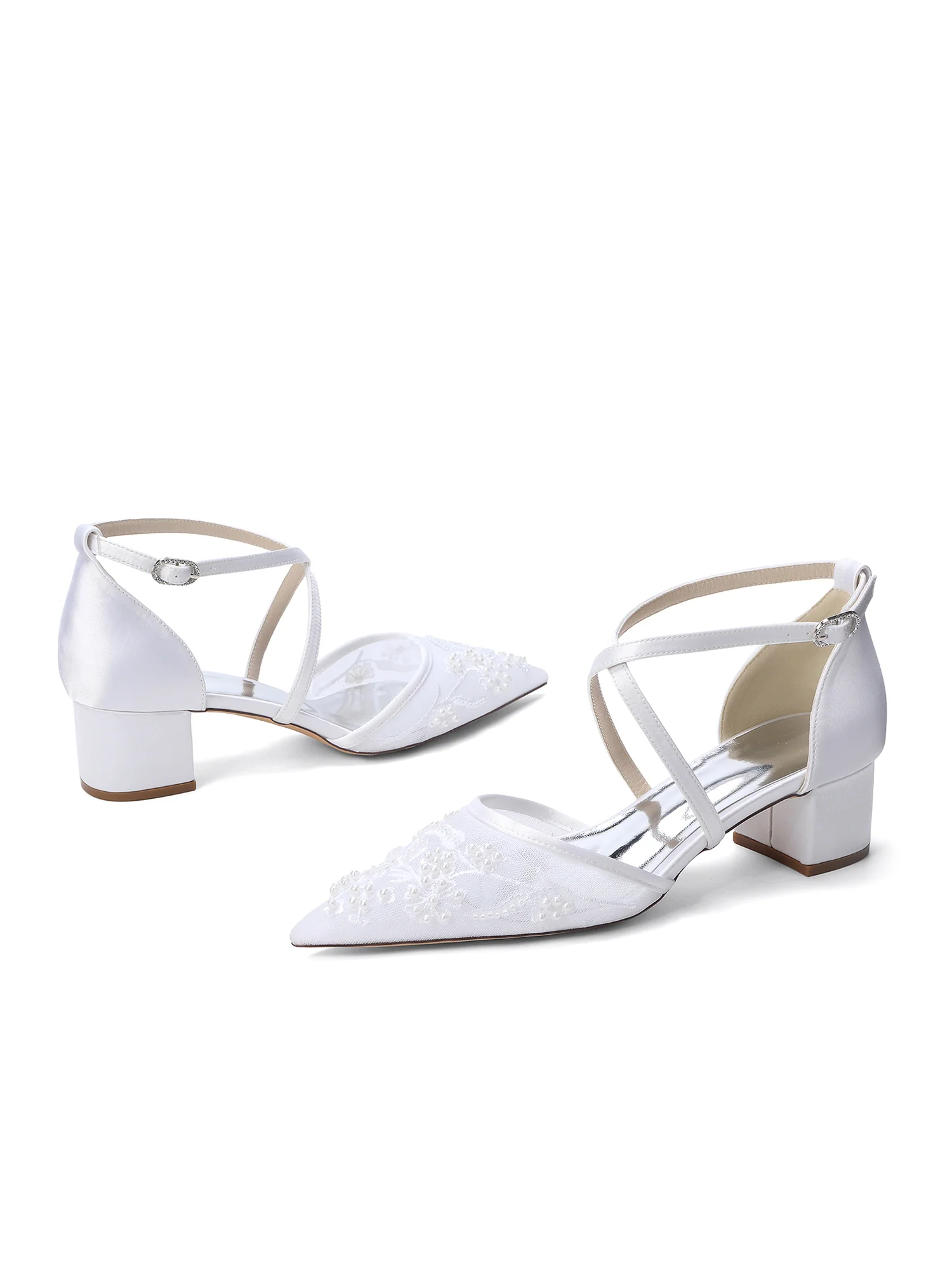 Pointed Toe Lace Mesh Cross Strap Block Heel Pumps - Image 10