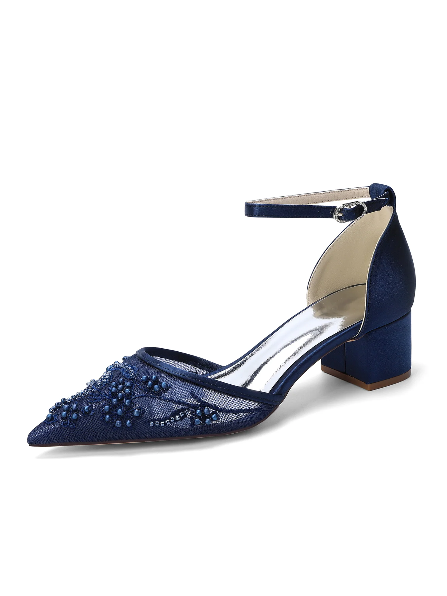 Pointed Toe Lace Mesh & Satin Block Heel D'Orsay Pumps - Image 2