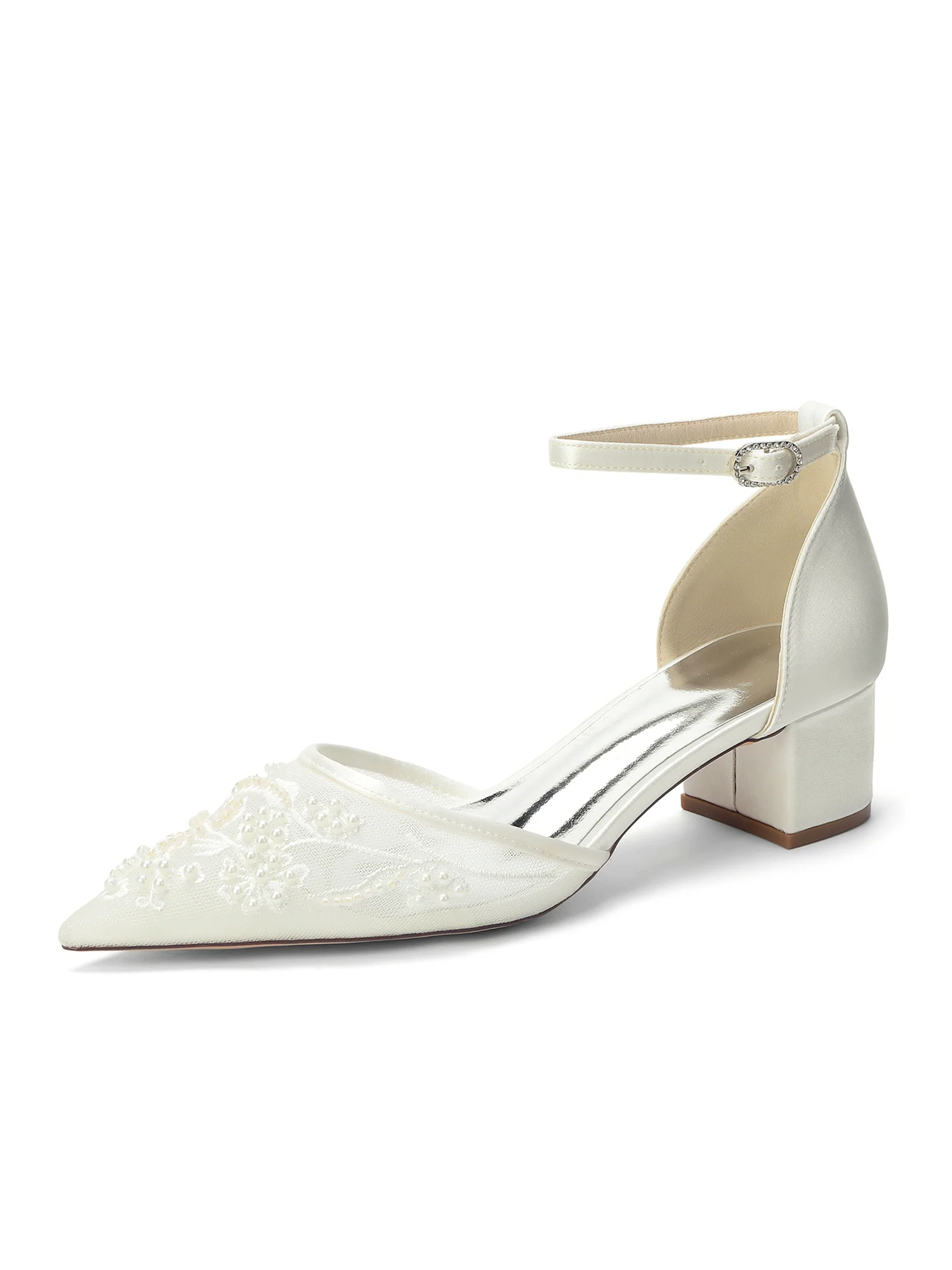 Pointed Toe Lace Mesh & Satin Block Heel D'Orsay Pumps - Image 3