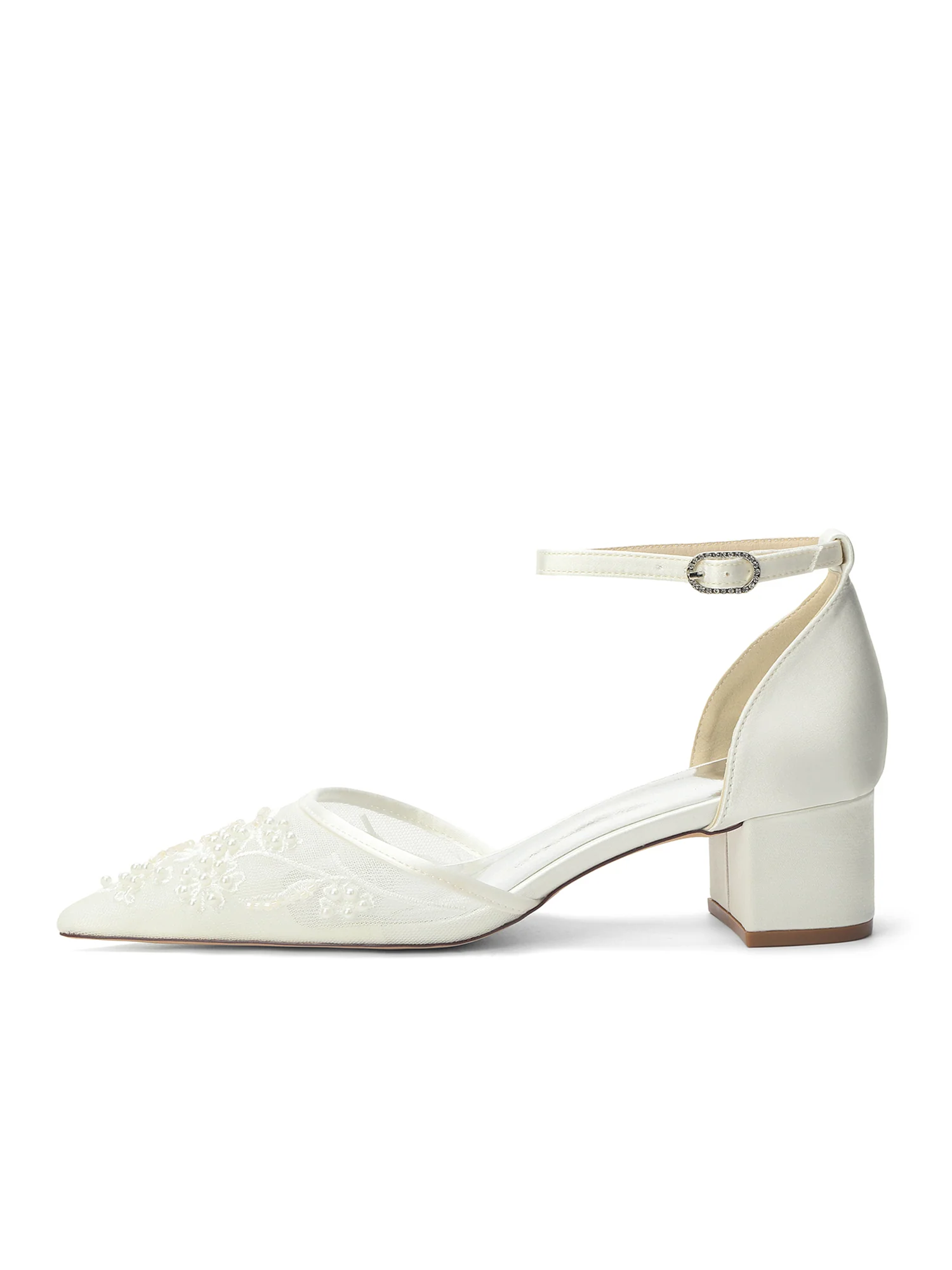 Pointed Toe Lace Mesh & Satin Block Heel D'Orsay Pumps - Image 4