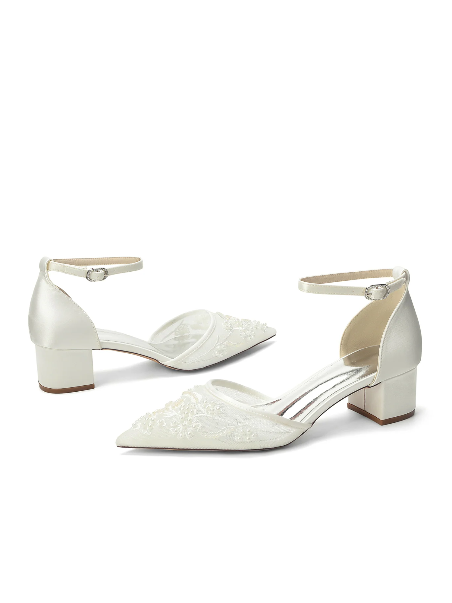 Pointed Toe Lace Mesh & Satin Block Heel D'Orsay Pumps - Image 7