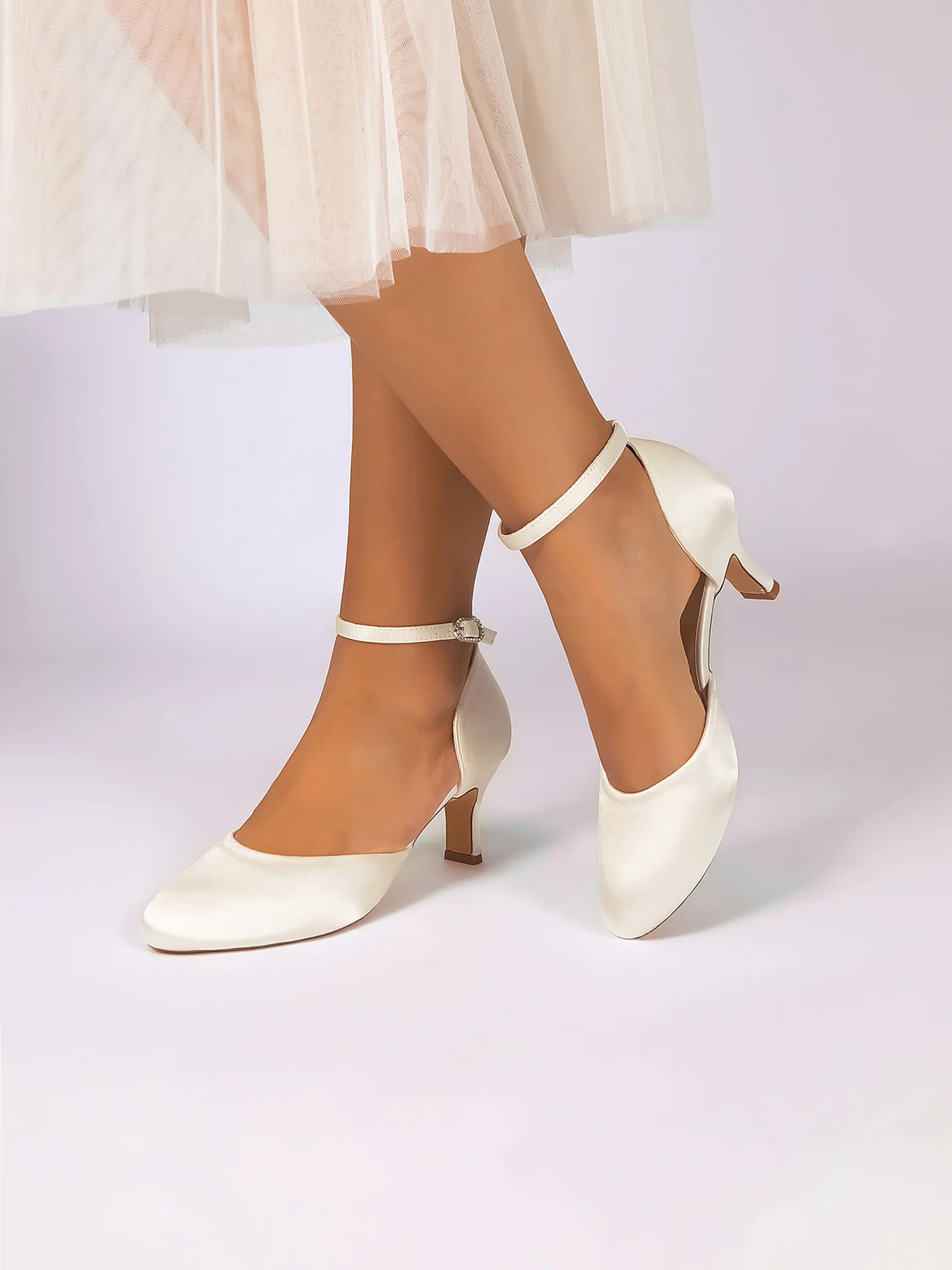 Classic Satin Round Toe Mid Block Heels - Image 14