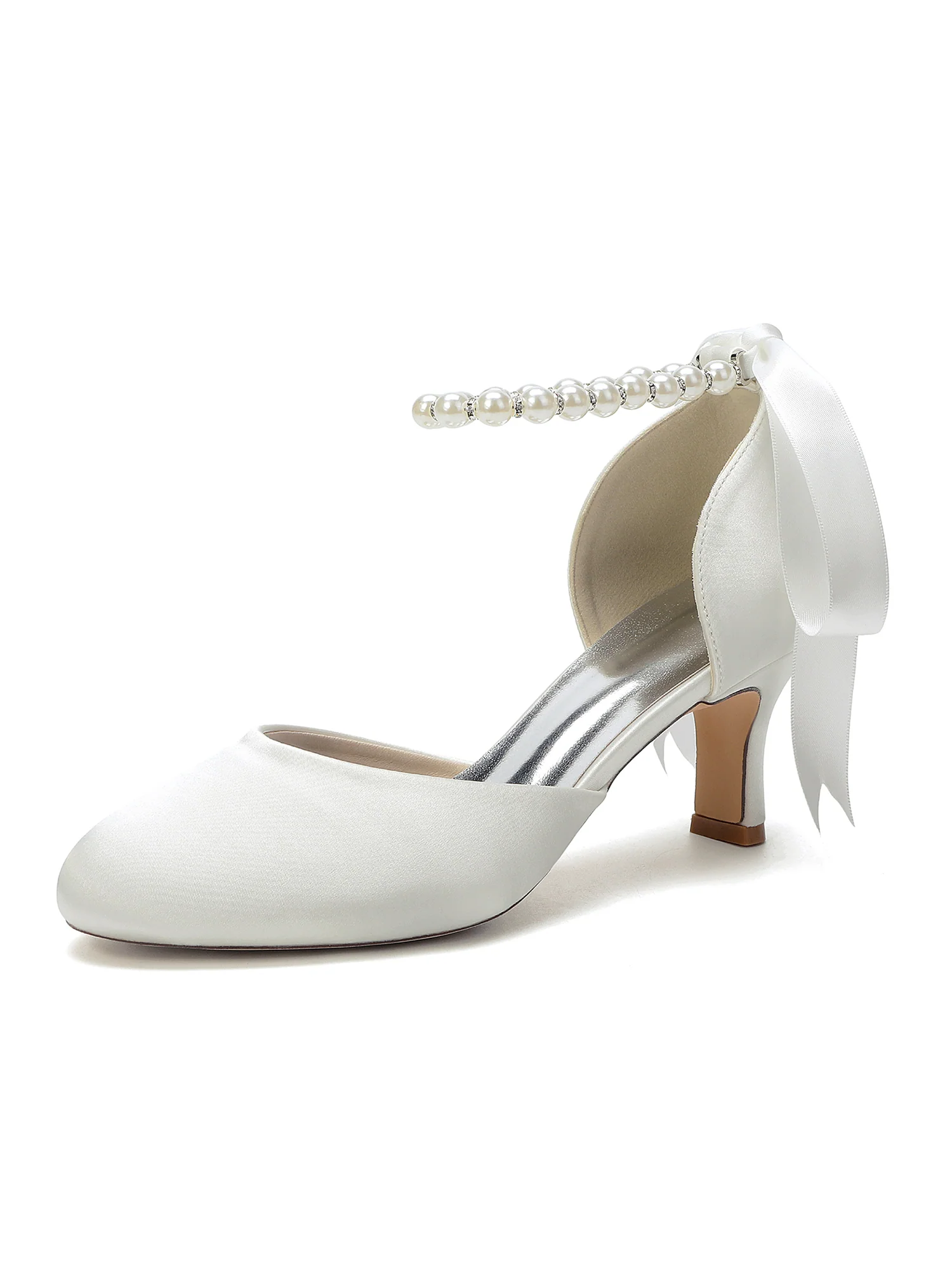 Pearl Ankle Strap Satin Mid Block Heels with Bow - Image 7