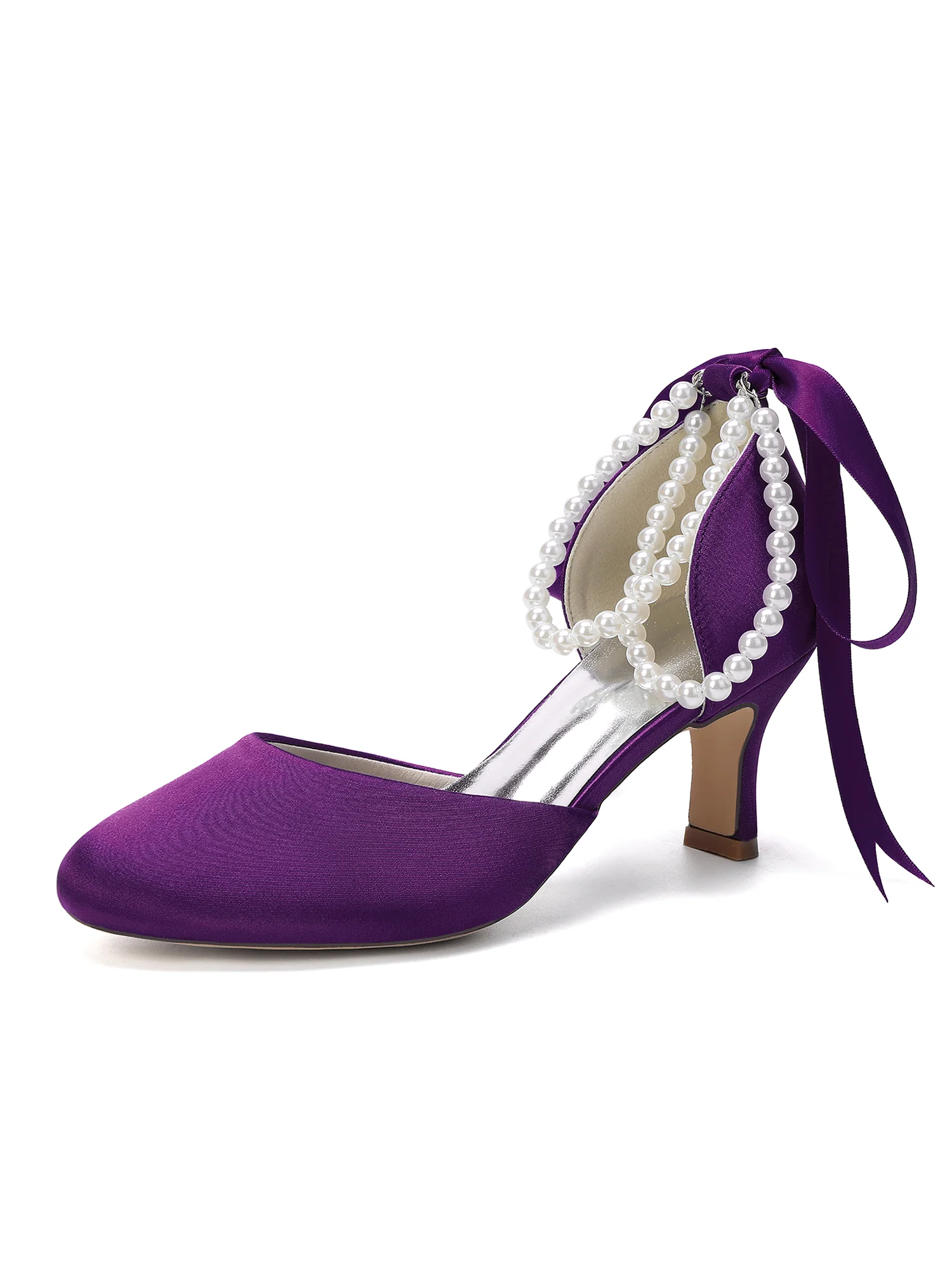 Double Pearl Ankle Strap Satin Mid Block Heels - Image 7