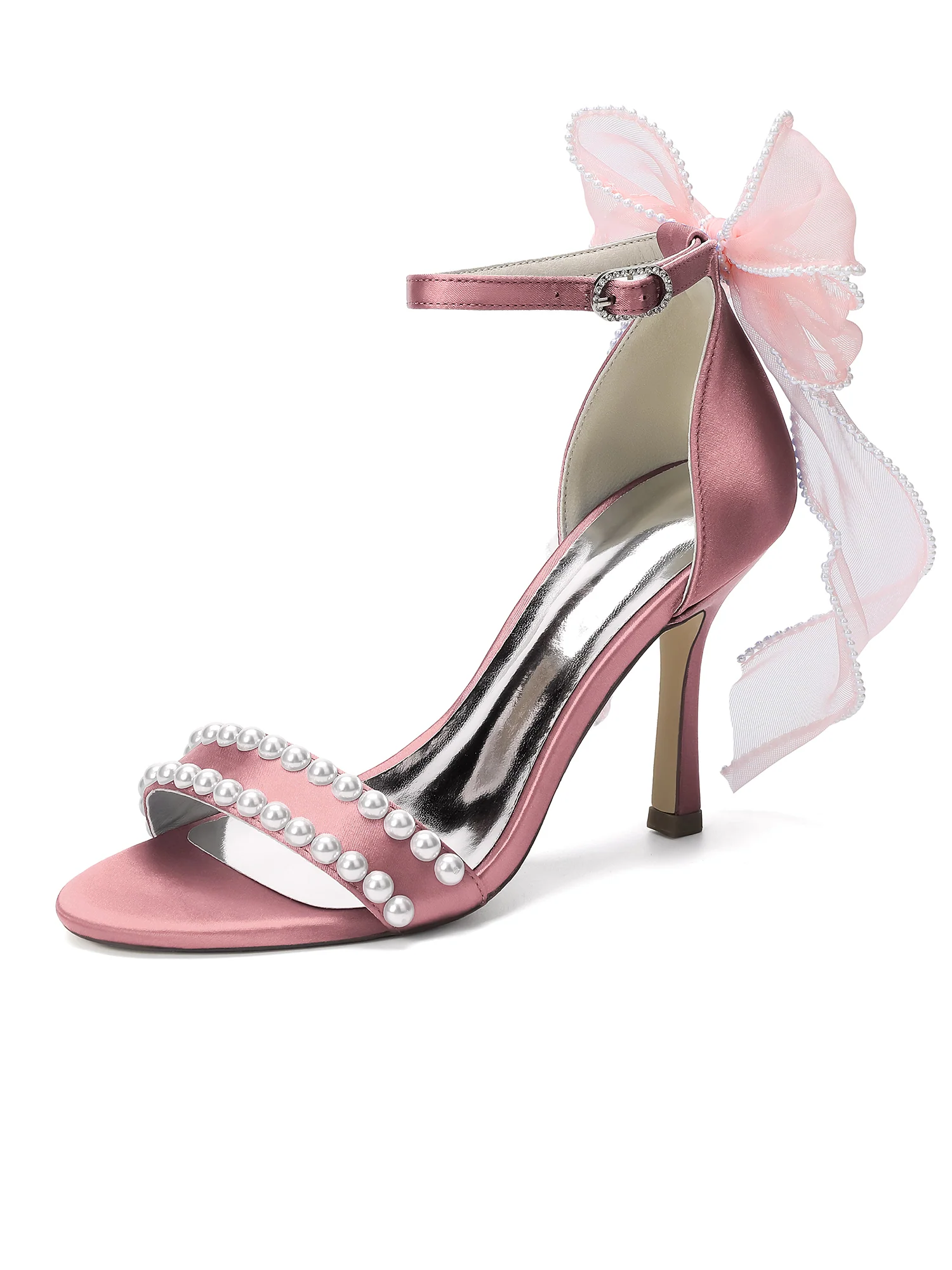 Pearl Strappy Stiletto Sandals with Tulle Bow - Image 4