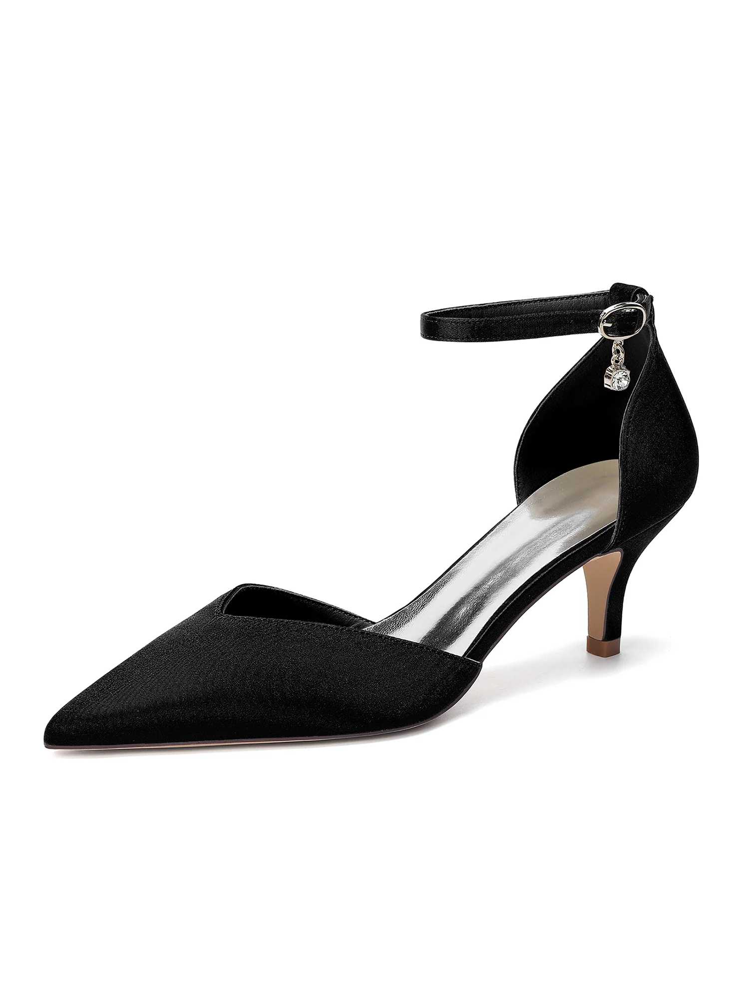 Pointed Toe Satin Kitten Heels with Rhinestone Charm