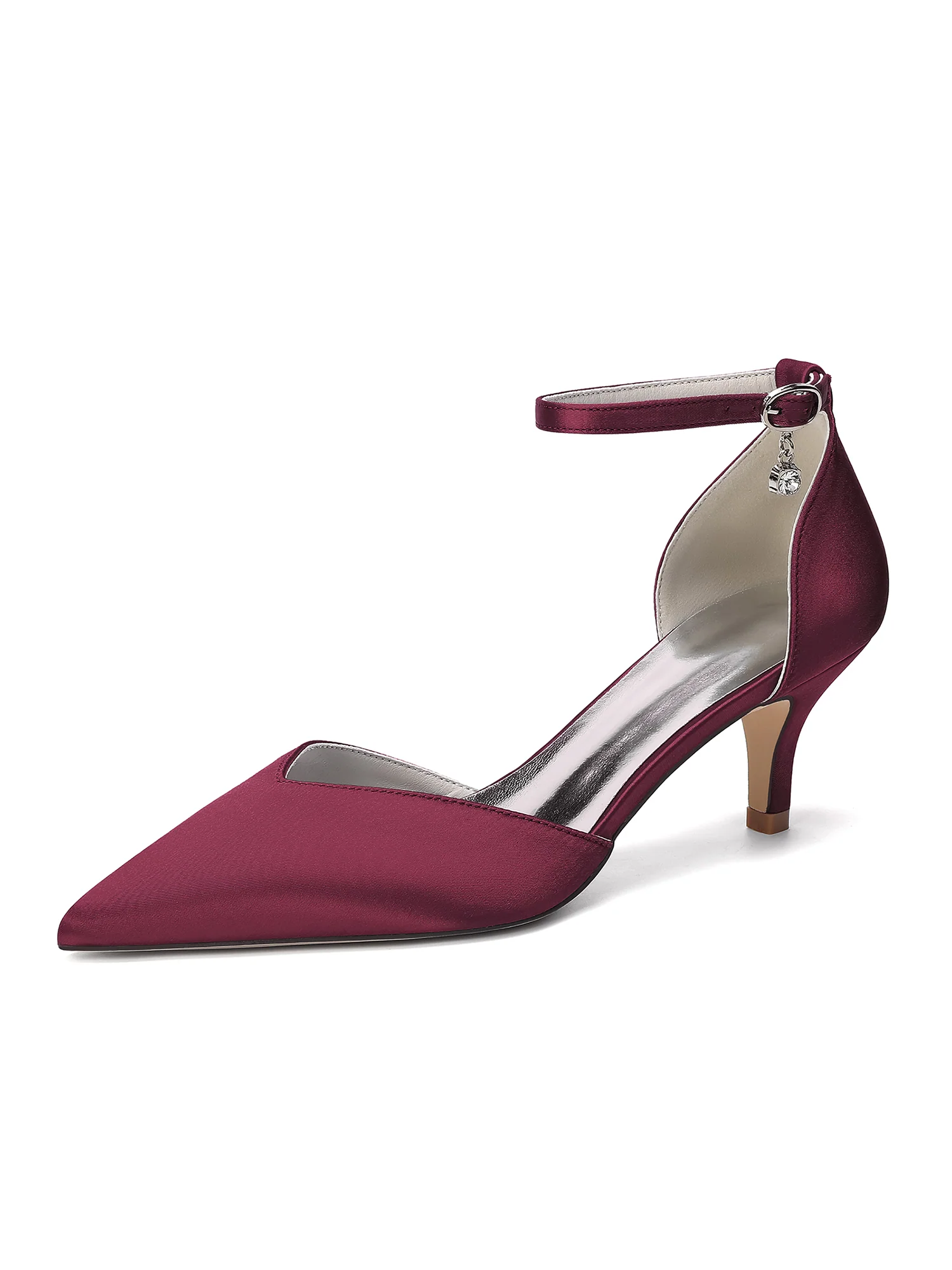 Pointed Toe Satin Kitten Heels with Rhinestone Charm - Image 2