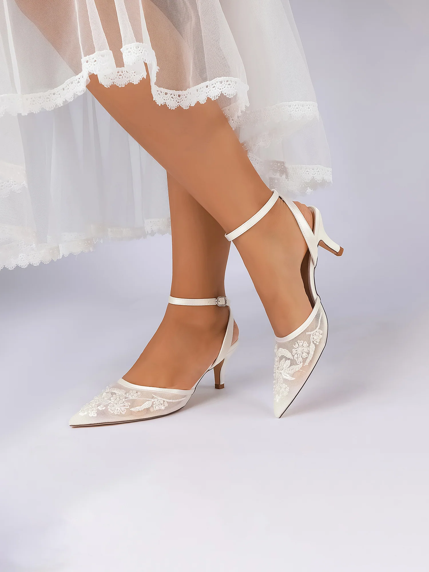 Pointed Toe Lace Mesh & Satin Kitten Heel Sandals - Image 5